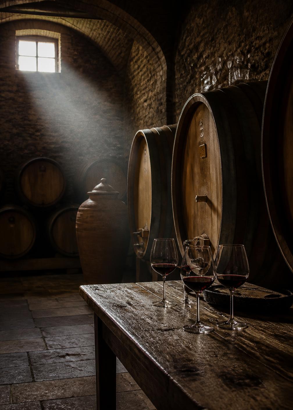Old Tuscan wine cellar with oak barrels and glasses of red wine in a shaft of daylight