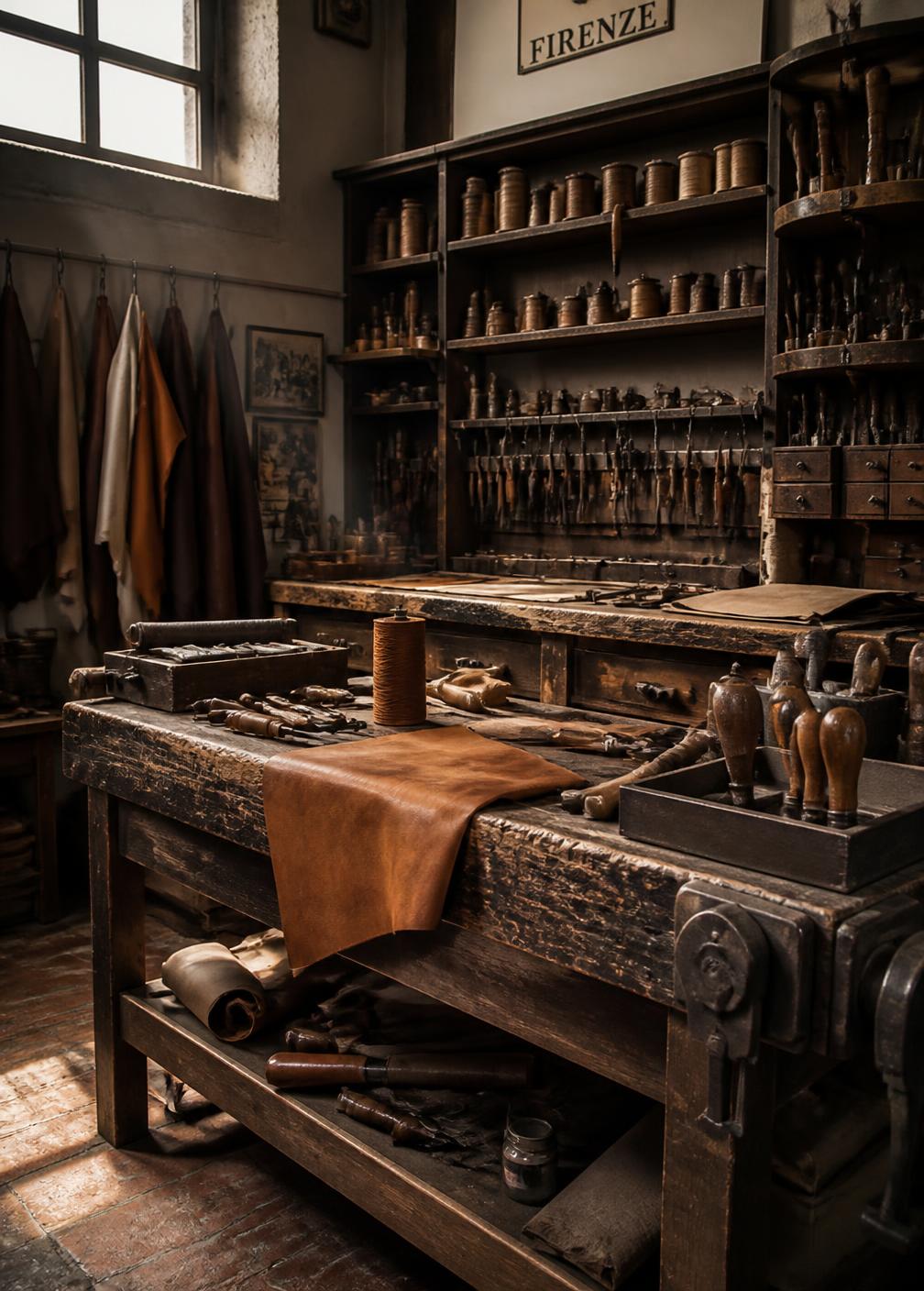 A Florentine artisan leather workshop with a worn wooden bench, hand tools, thread and tan hides in warm daylight