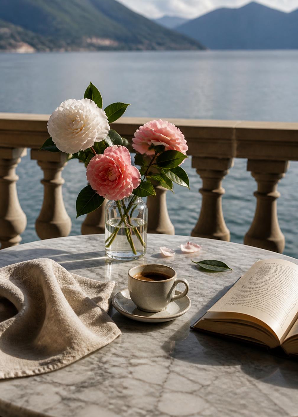Marble table on a Lake Como terrace with espresso, camellias in a glass vase and an open book in morning light