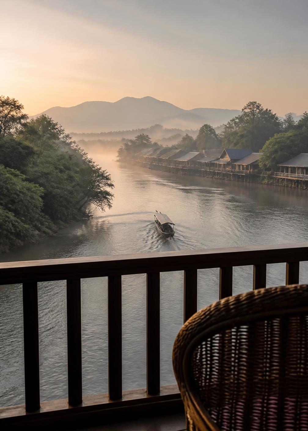 River at dawn seen from a hotel balcony with mist, a wooden boat and a rattan chair in the foreground