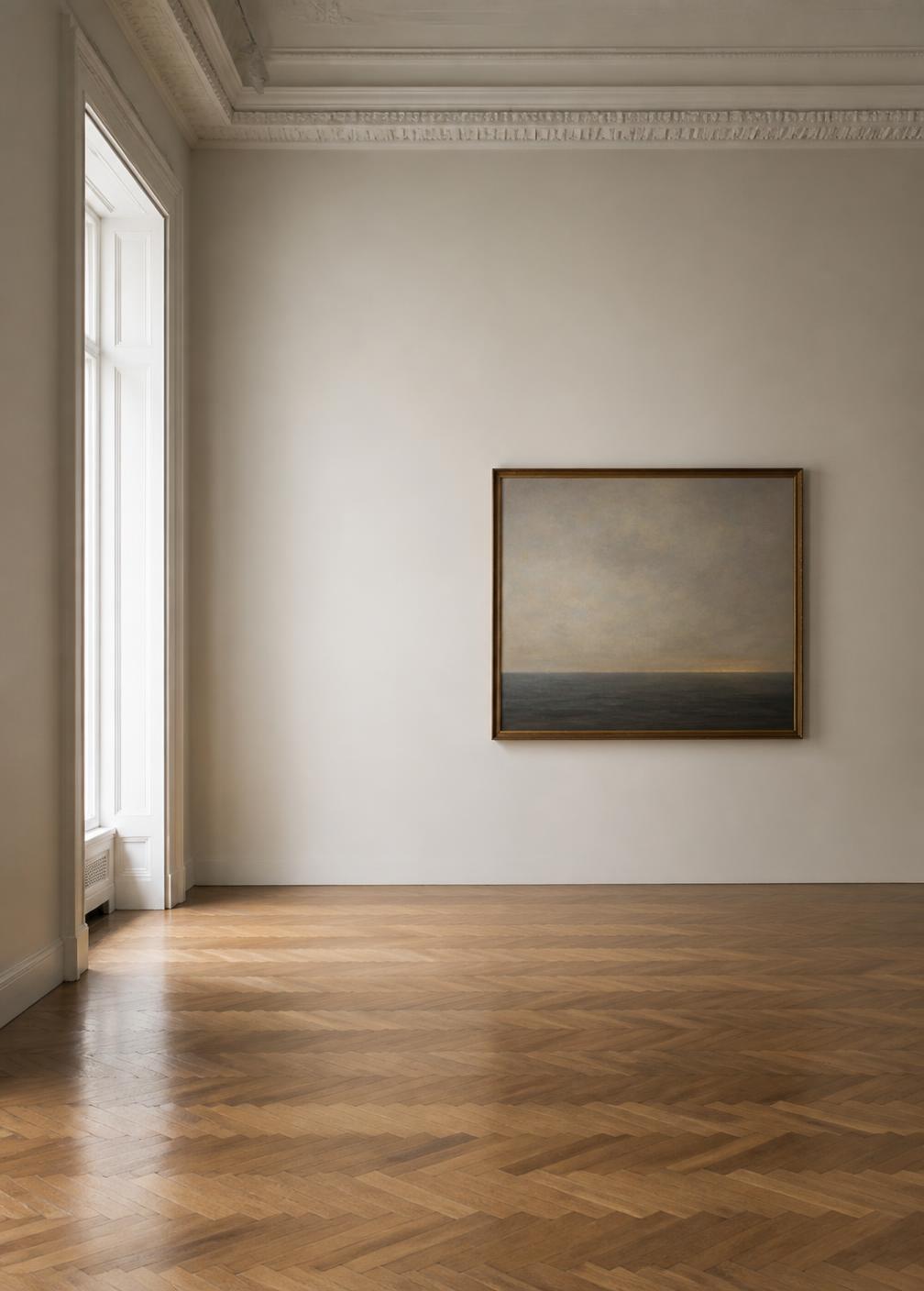 Quiet museum gallery interior with a single framed painting on a pale wall and parquet floor