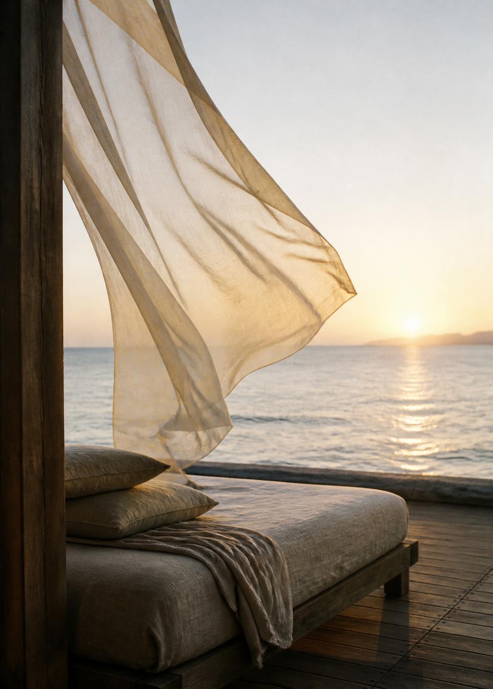 Empty linen daybed on a timber deck facing a calm sea at sunrise with a sheer curtain lifting