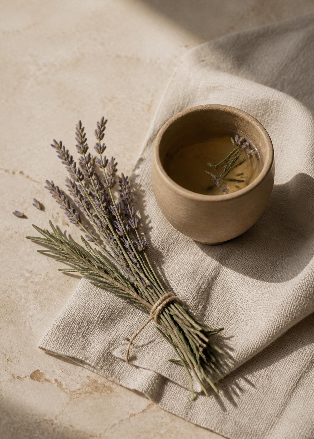 Dried lavender and rosemary bundle beside a clay cup of herbal tea on linen cloth over warm stone