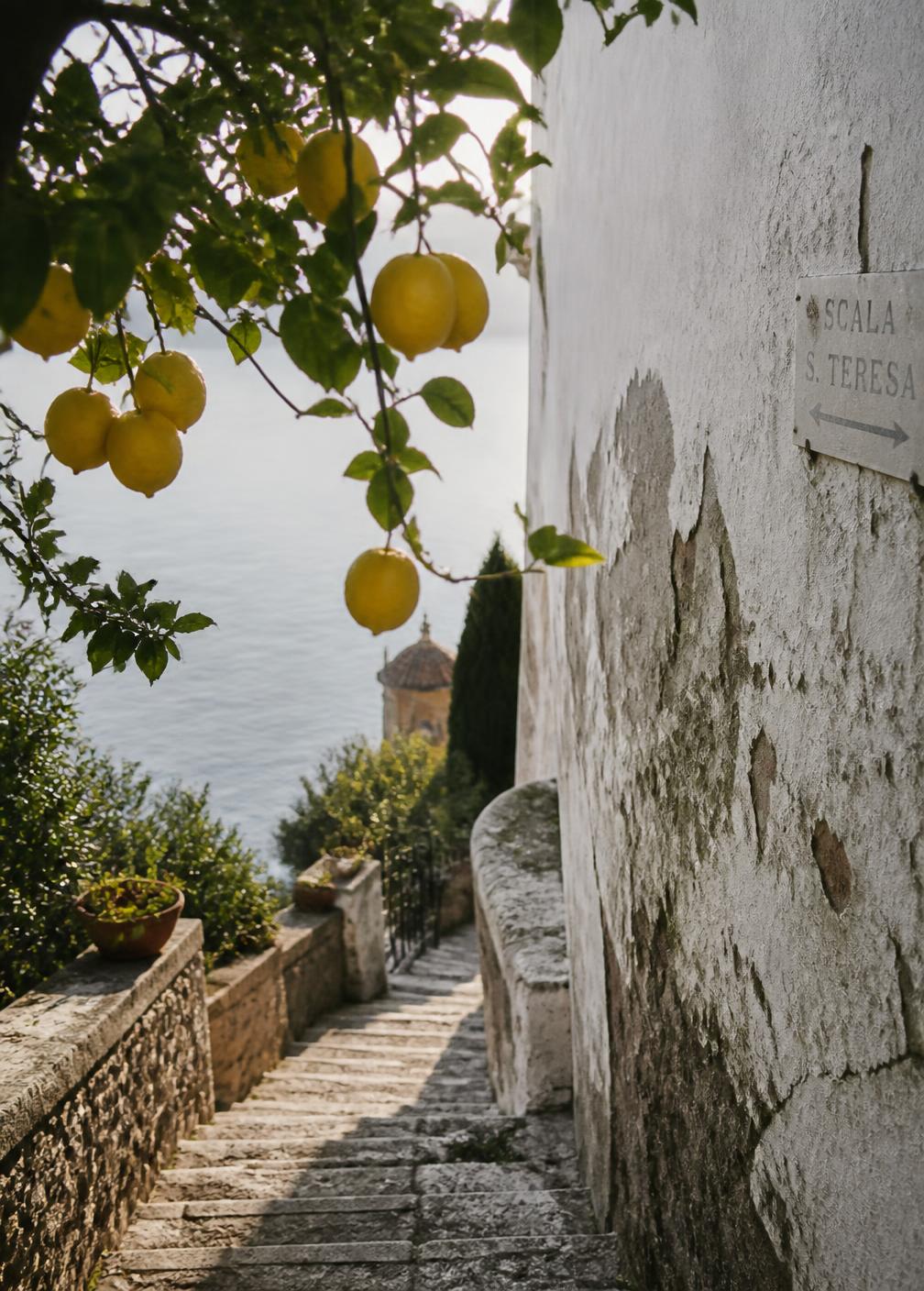 Stone steps under a lemon tree beside a whitewashed wall descending towards the sea in morning light