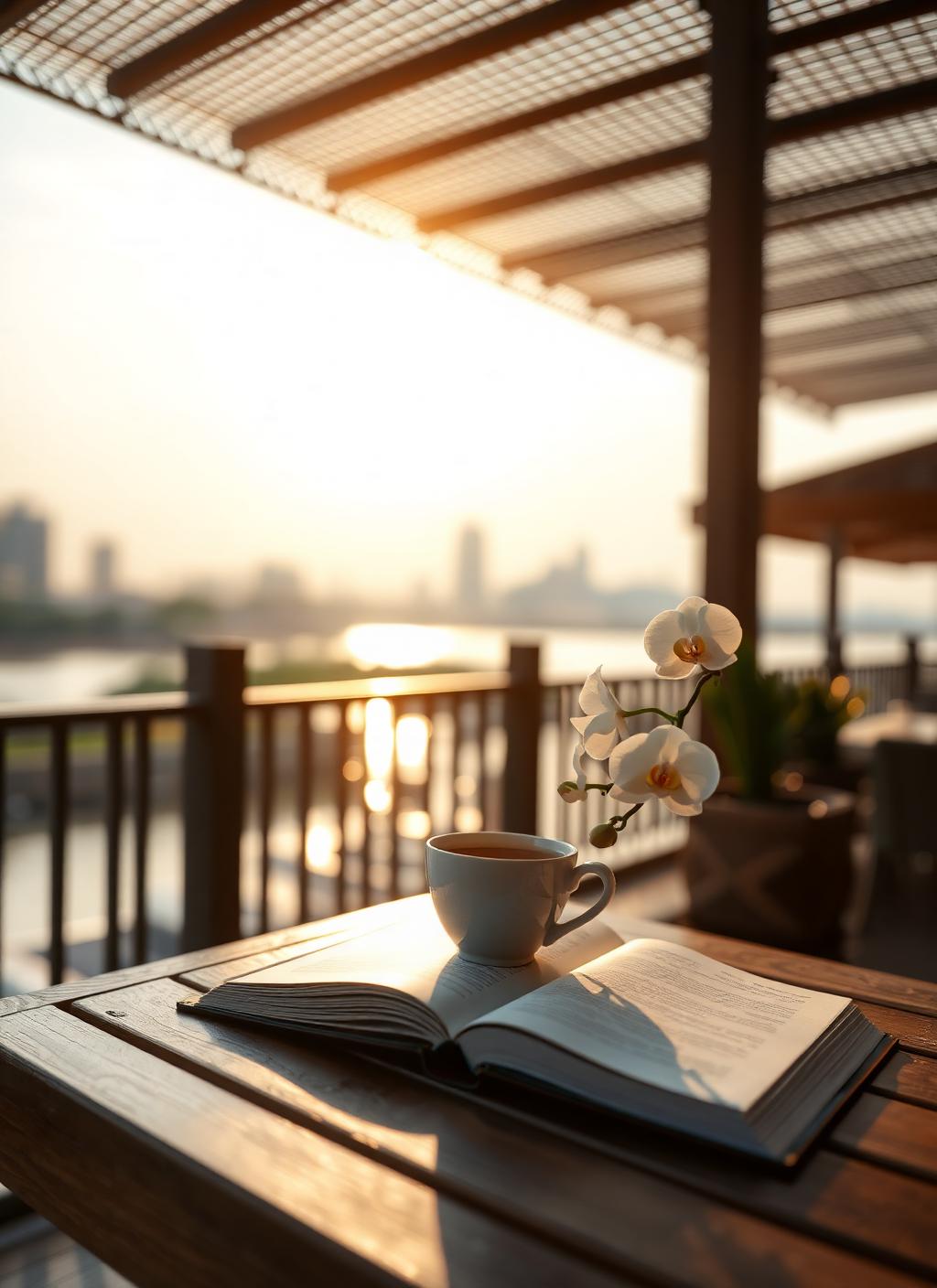 Teak table on a Bangkok riverside terrace at sunrise with a cup of tea, a white orchid and an open book