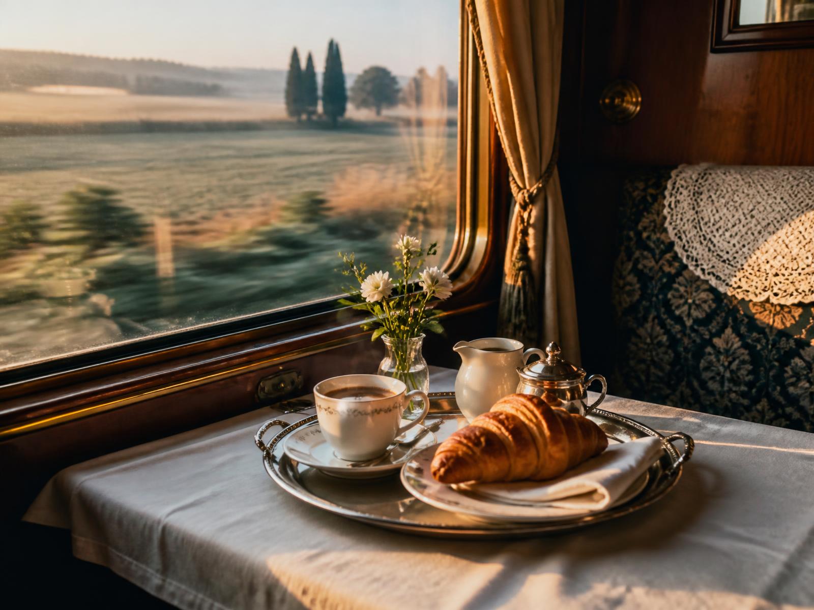 Breakfast tray with coffee, croissant and a small vase on white linen in a vintage train cabin at dawn with fields passing outside
