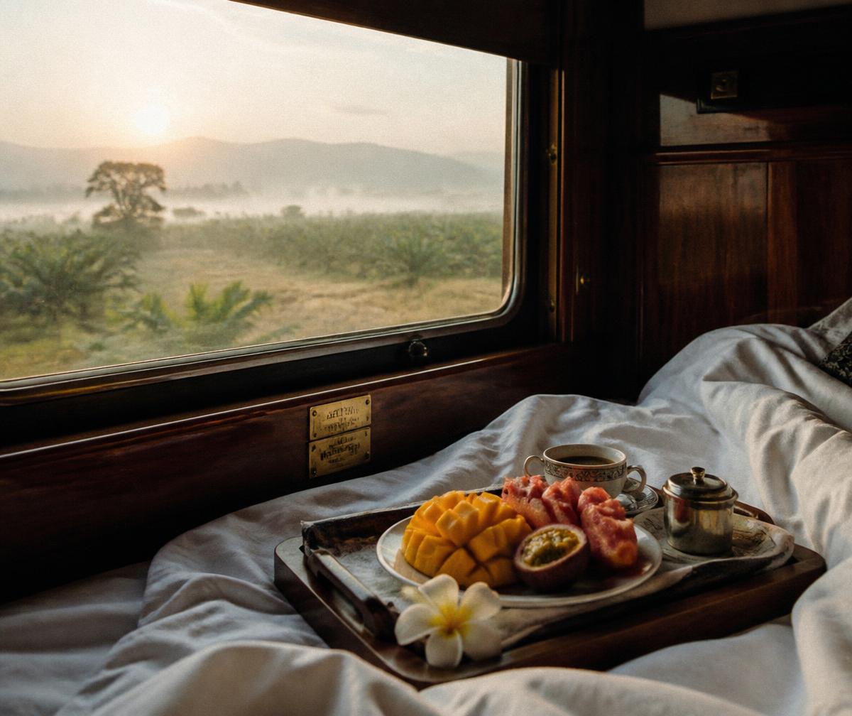 Breakfast tray with tropical fruit, coffee and a frangipani flower on white linen in a timber-panelled train cabin at dawn