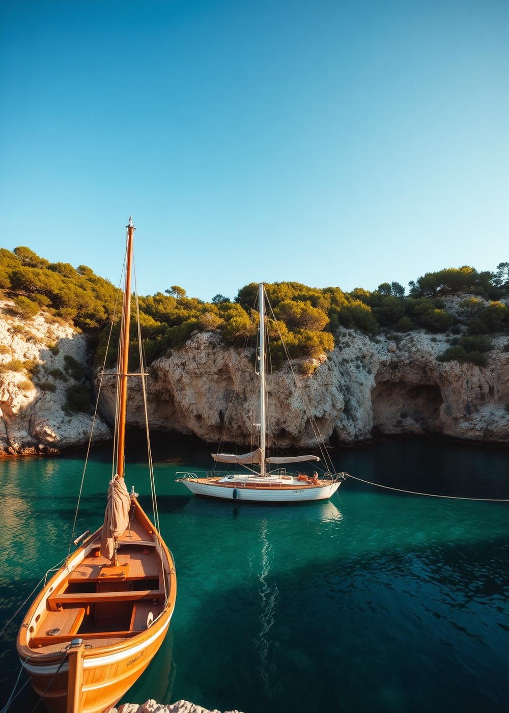 Wooden sailing boats anchored in a hidden turquoise cove below pine-covered cliffs in Mallorca