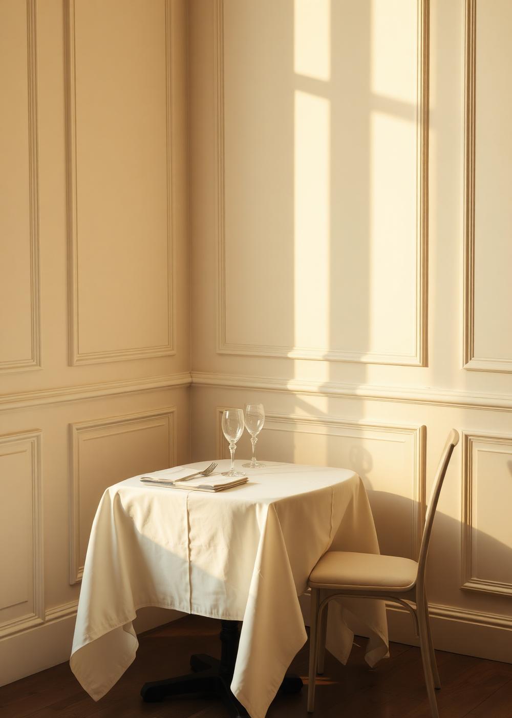 A single set table with white linen and crystal glasses in a panelled French dining room in afternoon light