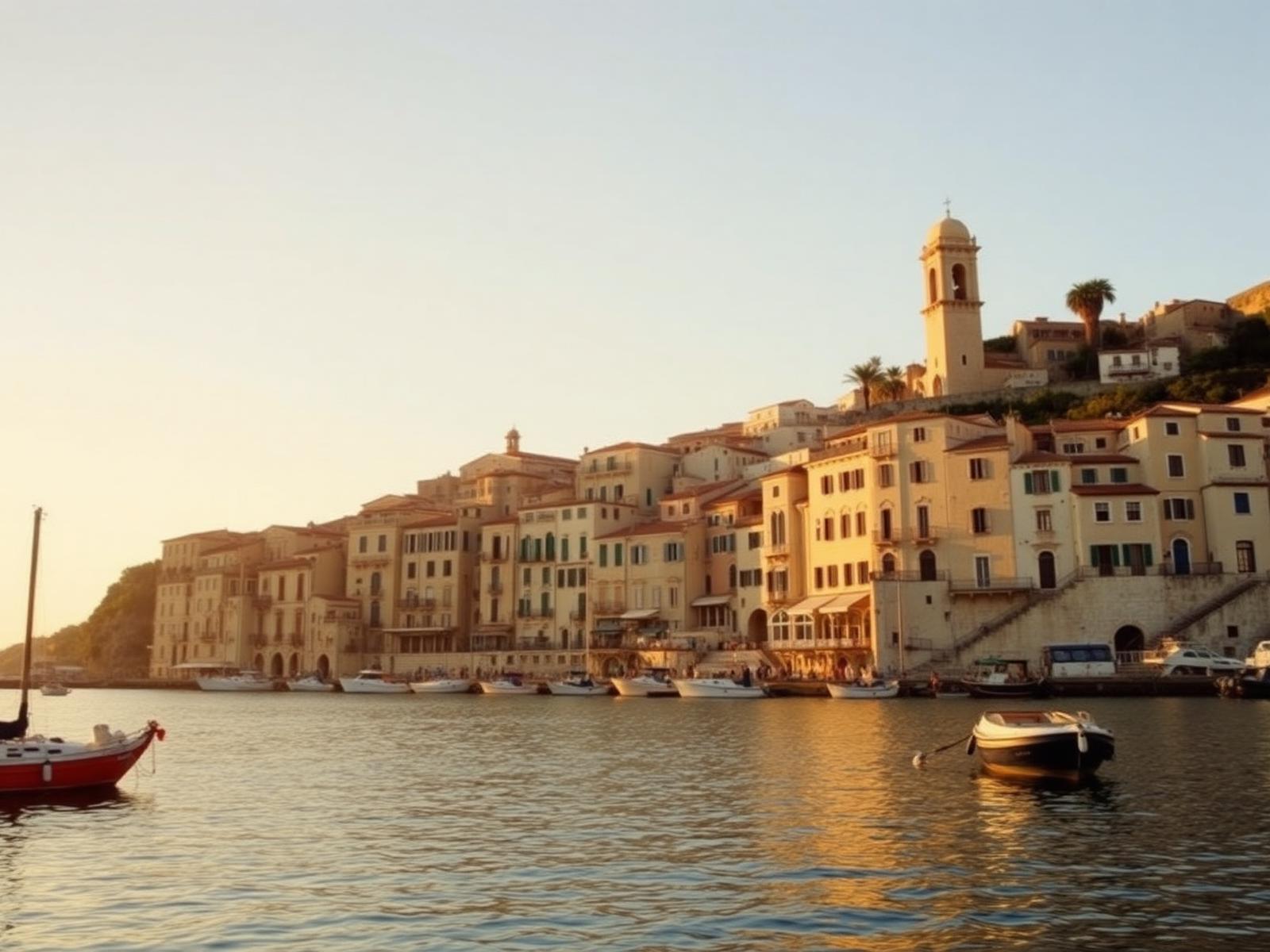 Old Mediterranean harbour town of pale stone seen from the water at golden hour with small boats along the quay