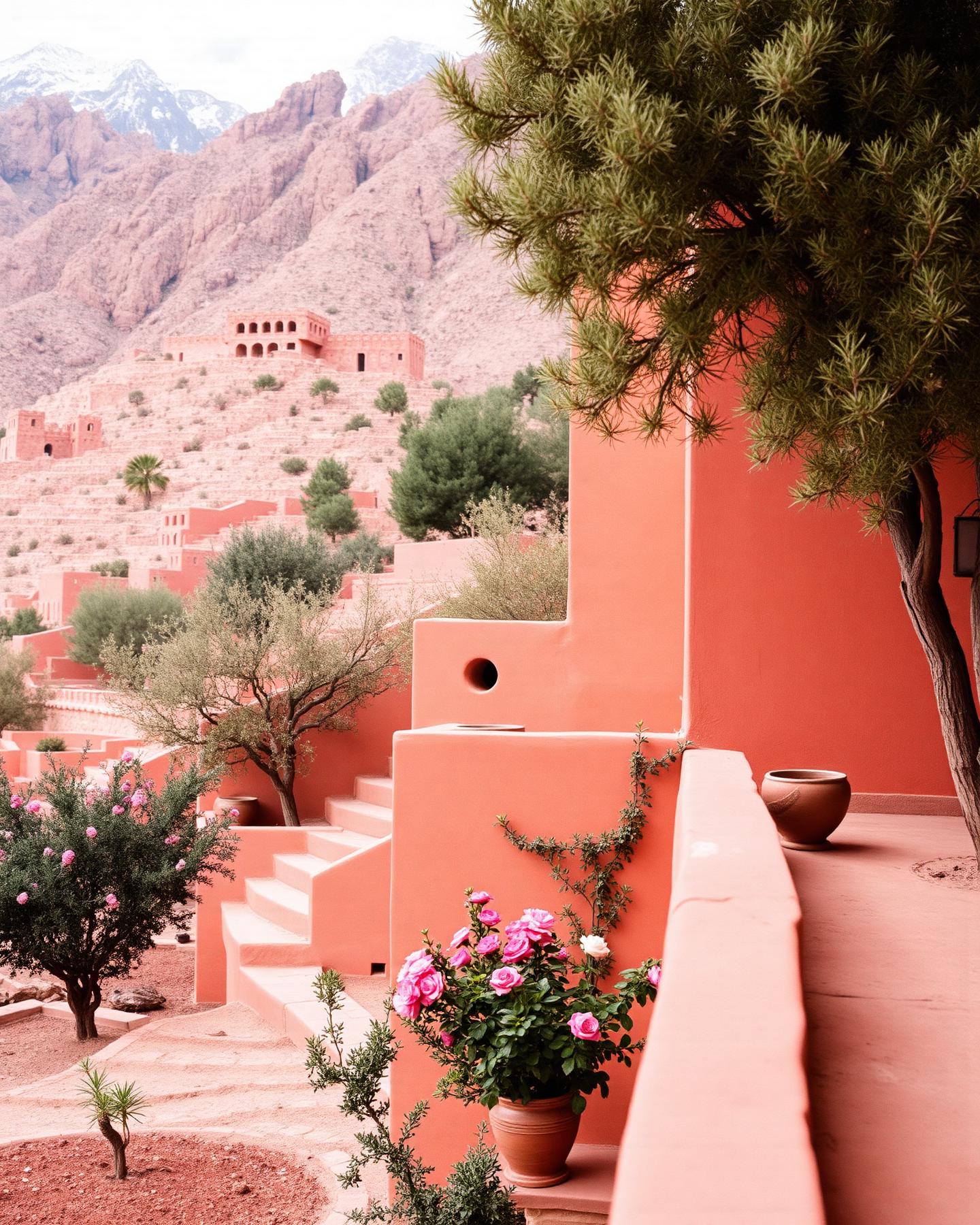 Terrakottafarbene Kasbah im Hohen Atlas mit Rosengarten und schneebedeckten Gipfeln