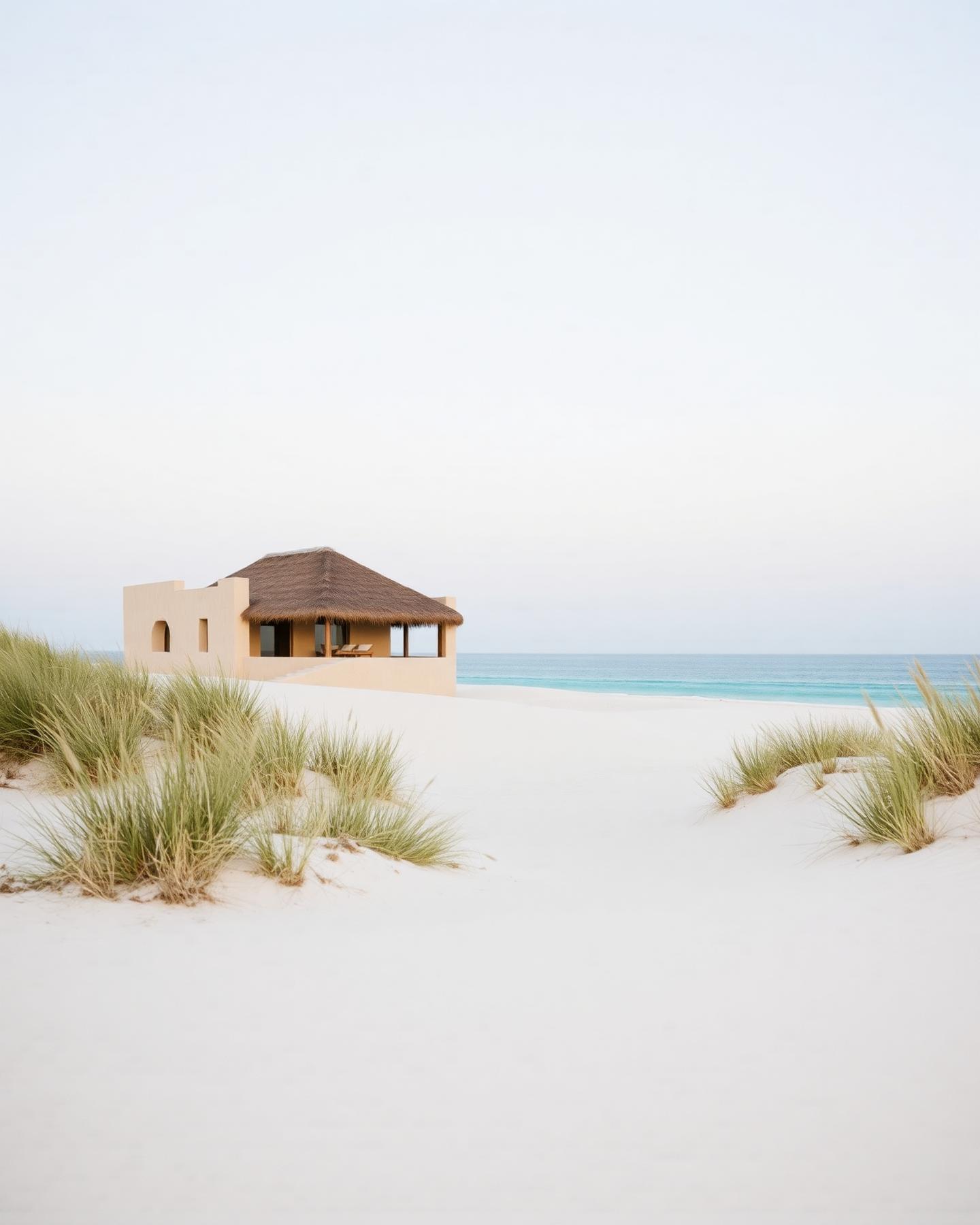Freistehende Villa aus Sand und Reet in den Dünen einer weissen Bucht am Indischen Ozean