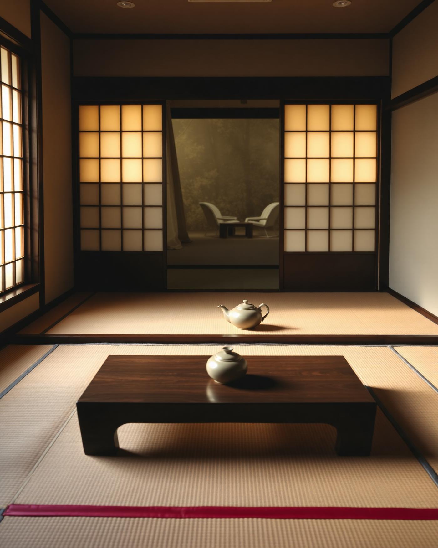 A minimal ryokan room with tatami, a low wooden table and glowing shoji screens