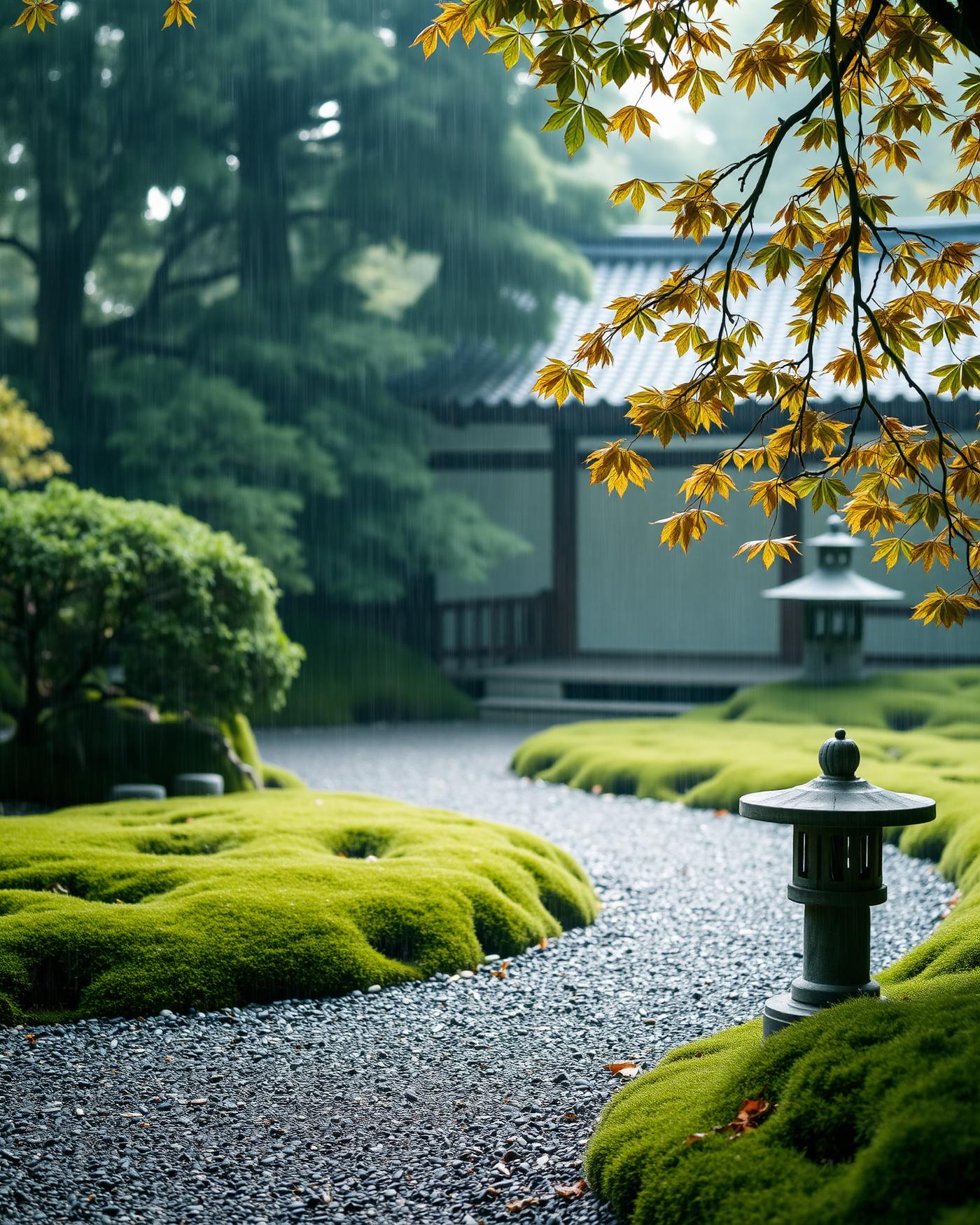 A Kyoto moss garden in soft rain with a stone lantern and maple leaves