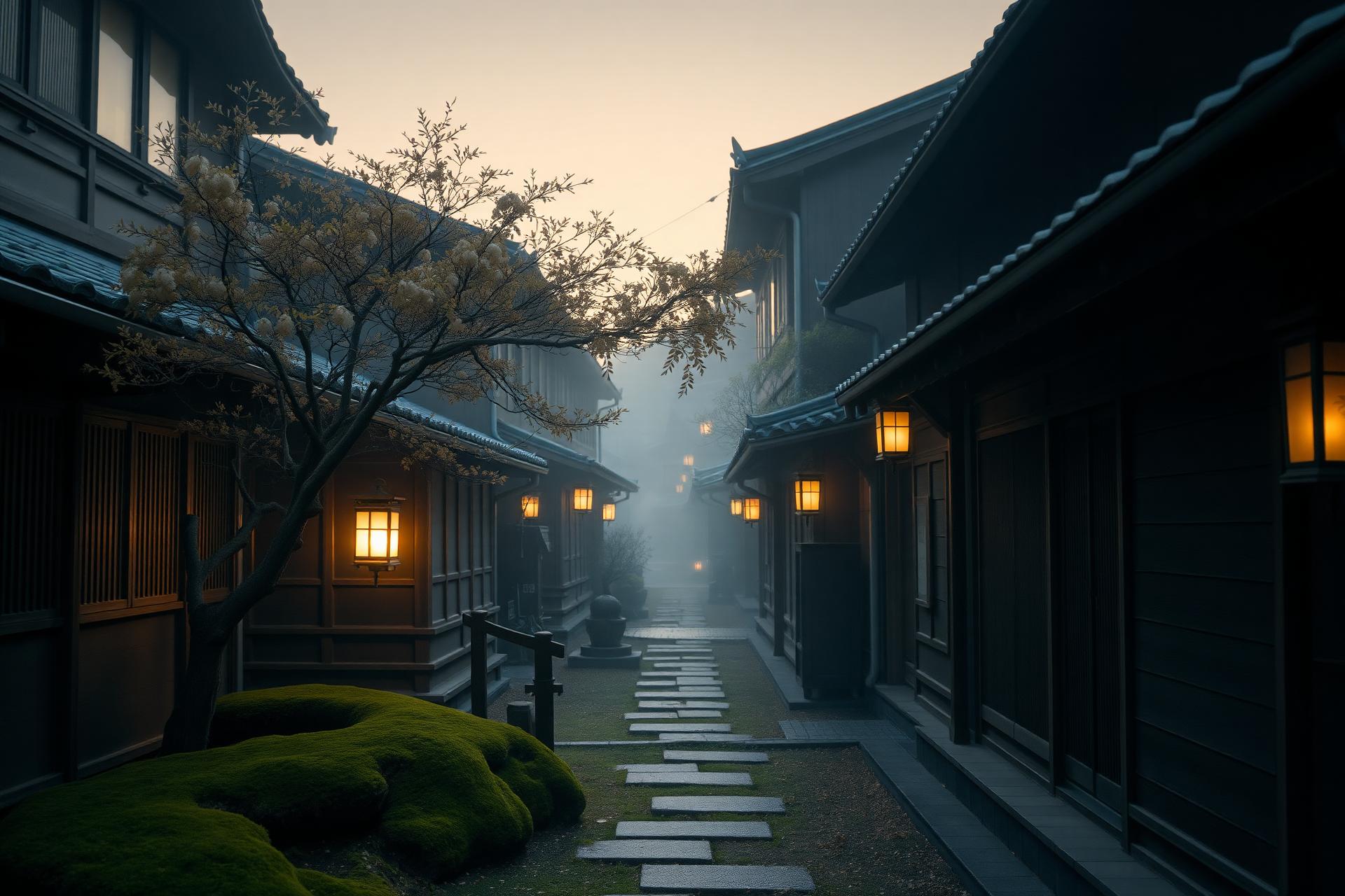 A misty Kyoto lane at dawn with wooden machiya houses, lantern light and moss