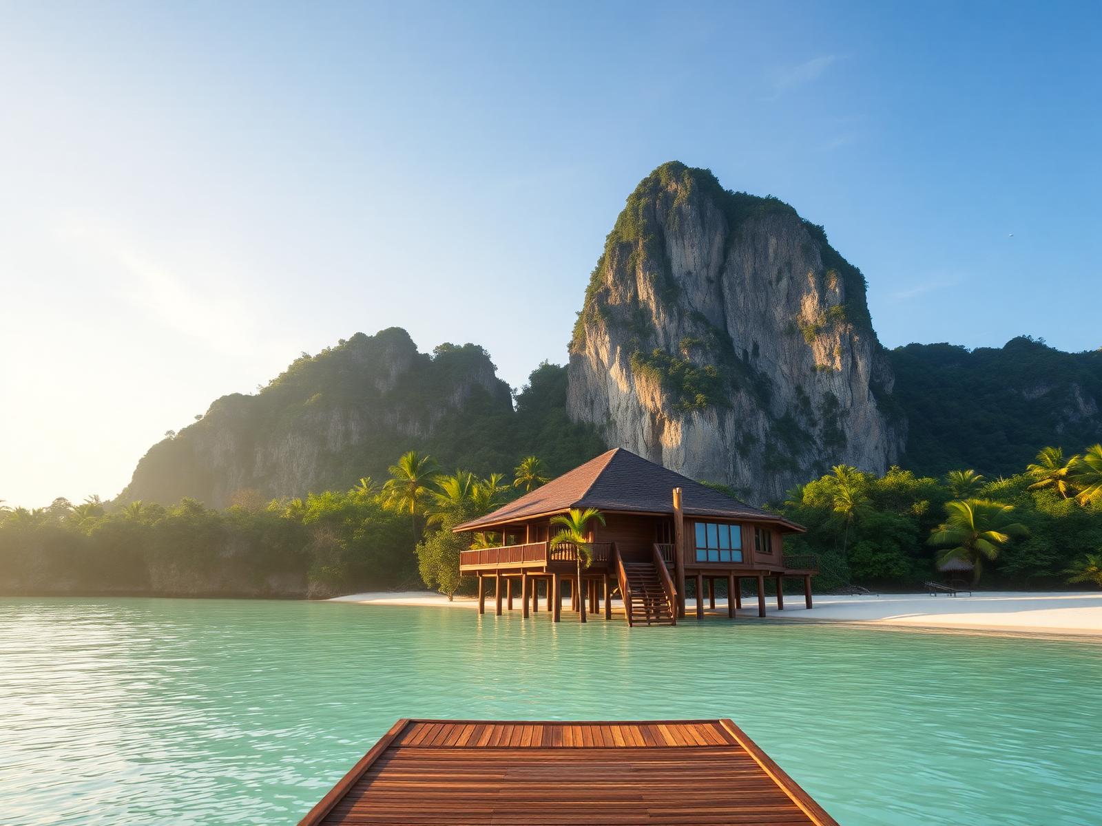 Timber villa on stilts beside a white sand bay with limestone karst cliffs behind in morning light