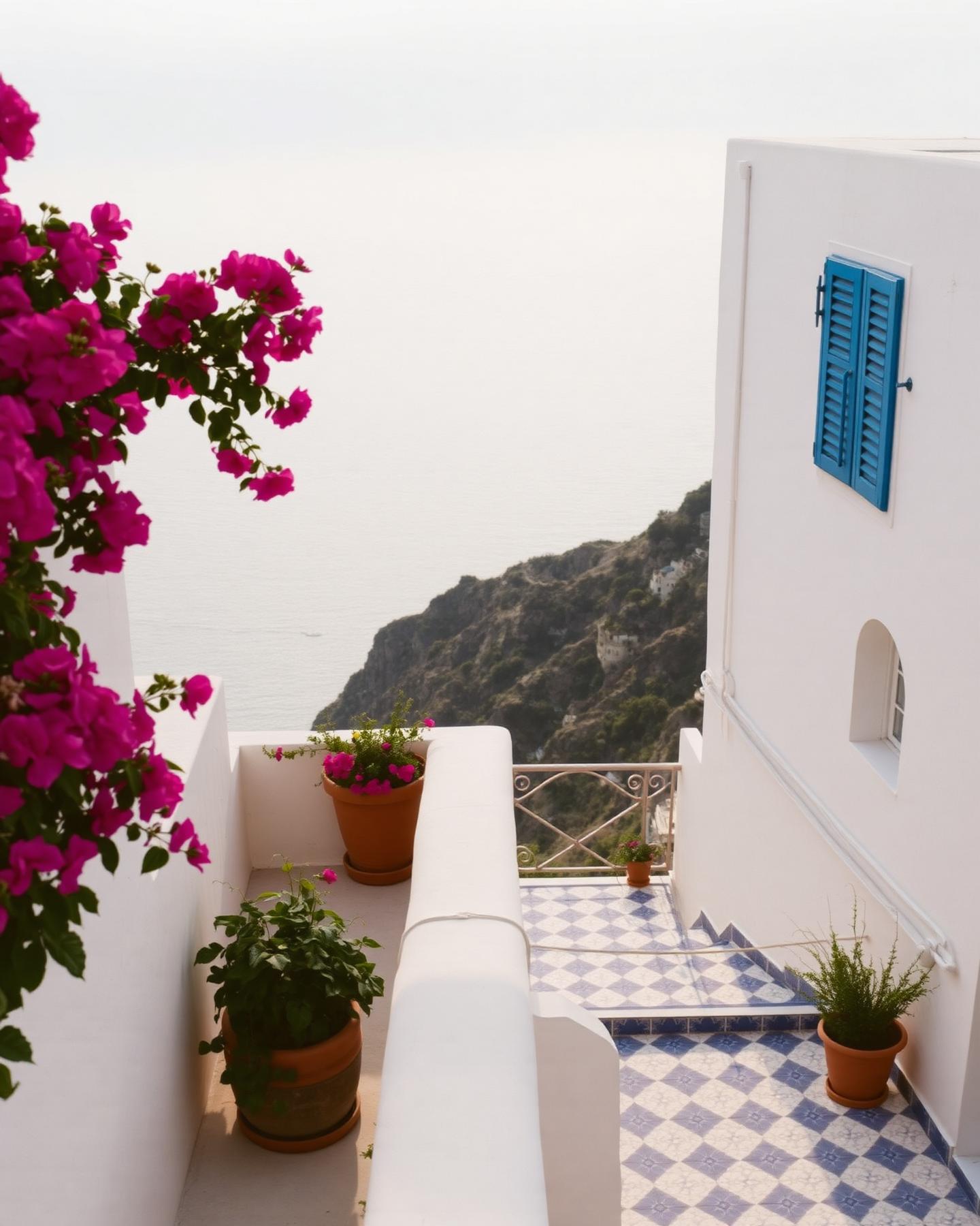 Weisse Terrasse in Positano mit Bougainvillea, blau-weissen Fliesen und Blick über die Bucht