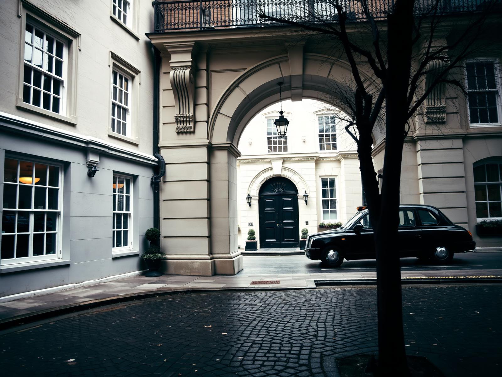 Belle Epoque London hotel courtyard arch with wet cobbles, a black cab and soft winter daylight