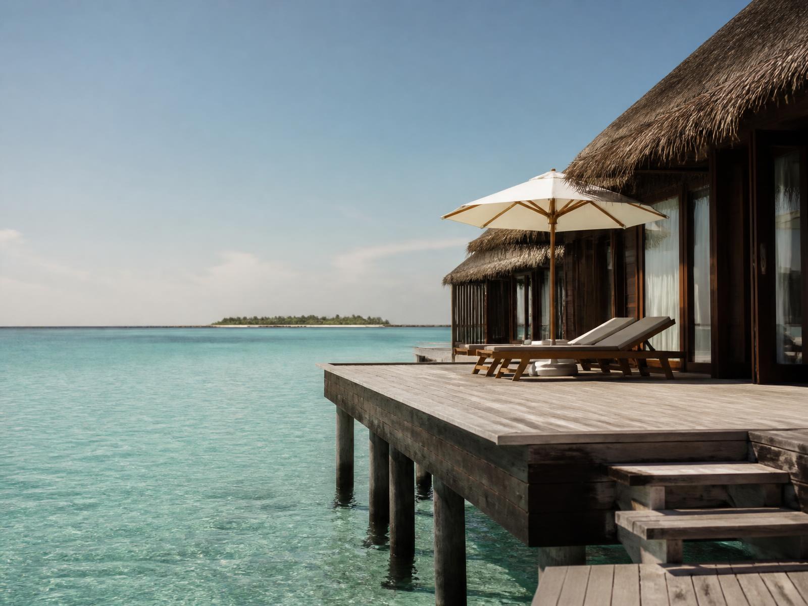Thatched overwater villa on timber stilts above a pale turquoise Maldivian lagoon