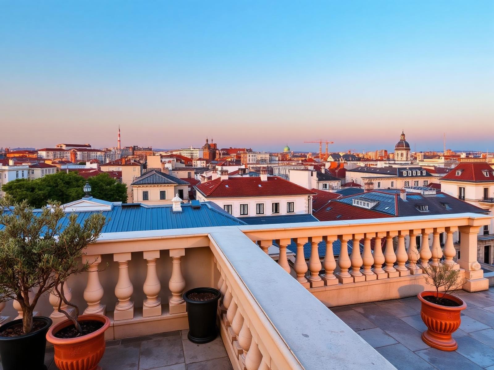 Rooftop terrace with limestone balustrade and potted olive trees above Madrid rooftops at golden hour