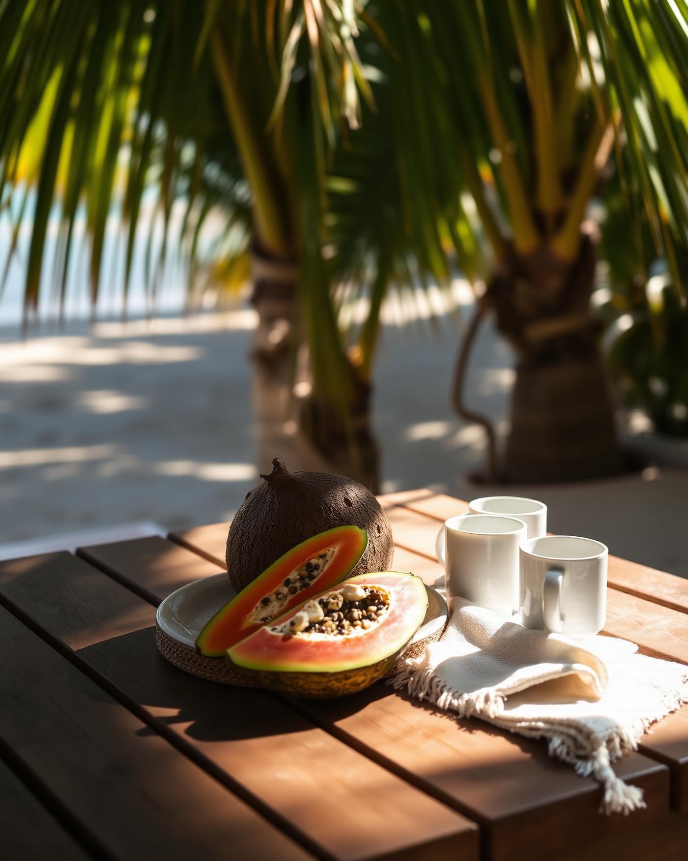 A barefoot island breakfast of coconut and papaya on a teak table in dappled palm shade