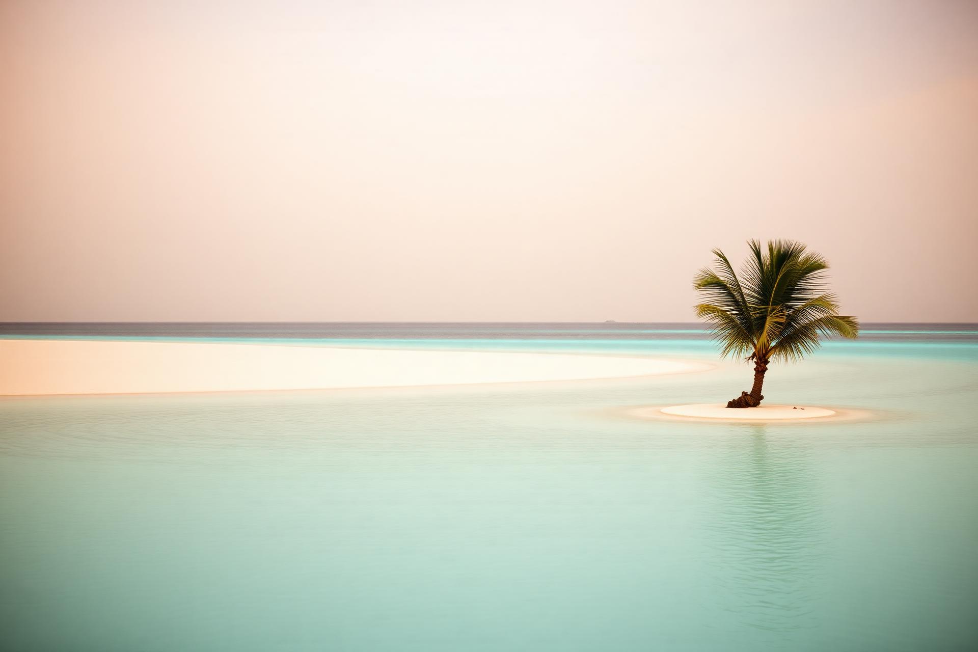 A pale turquoise Maldivian lagoon at golden hour with a thin sandbank and a single palm