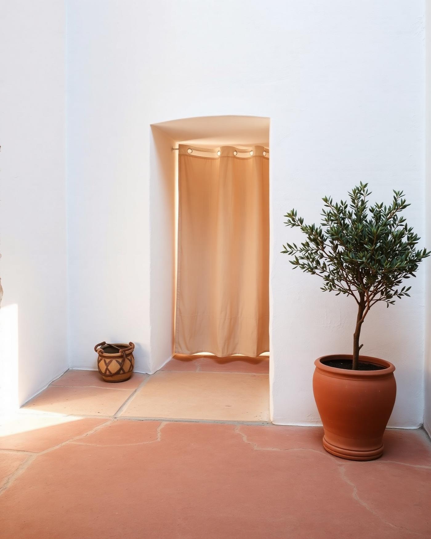 A whitewashed Mallorcan courtyard with terracotta floor and an olive tree in a clay pot