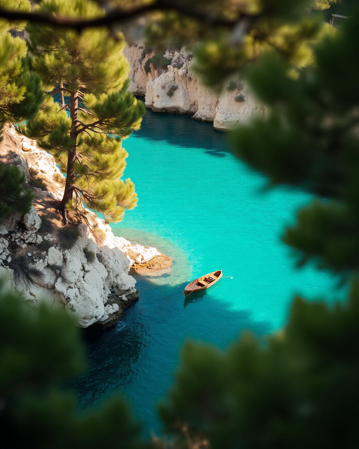 A hidden turquoise cove framed by pine trees and pale rock