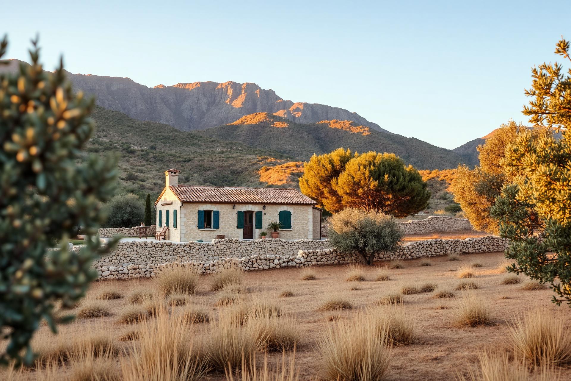A stone finca among olive trees with the Tramuntana mountains behind at golden hour