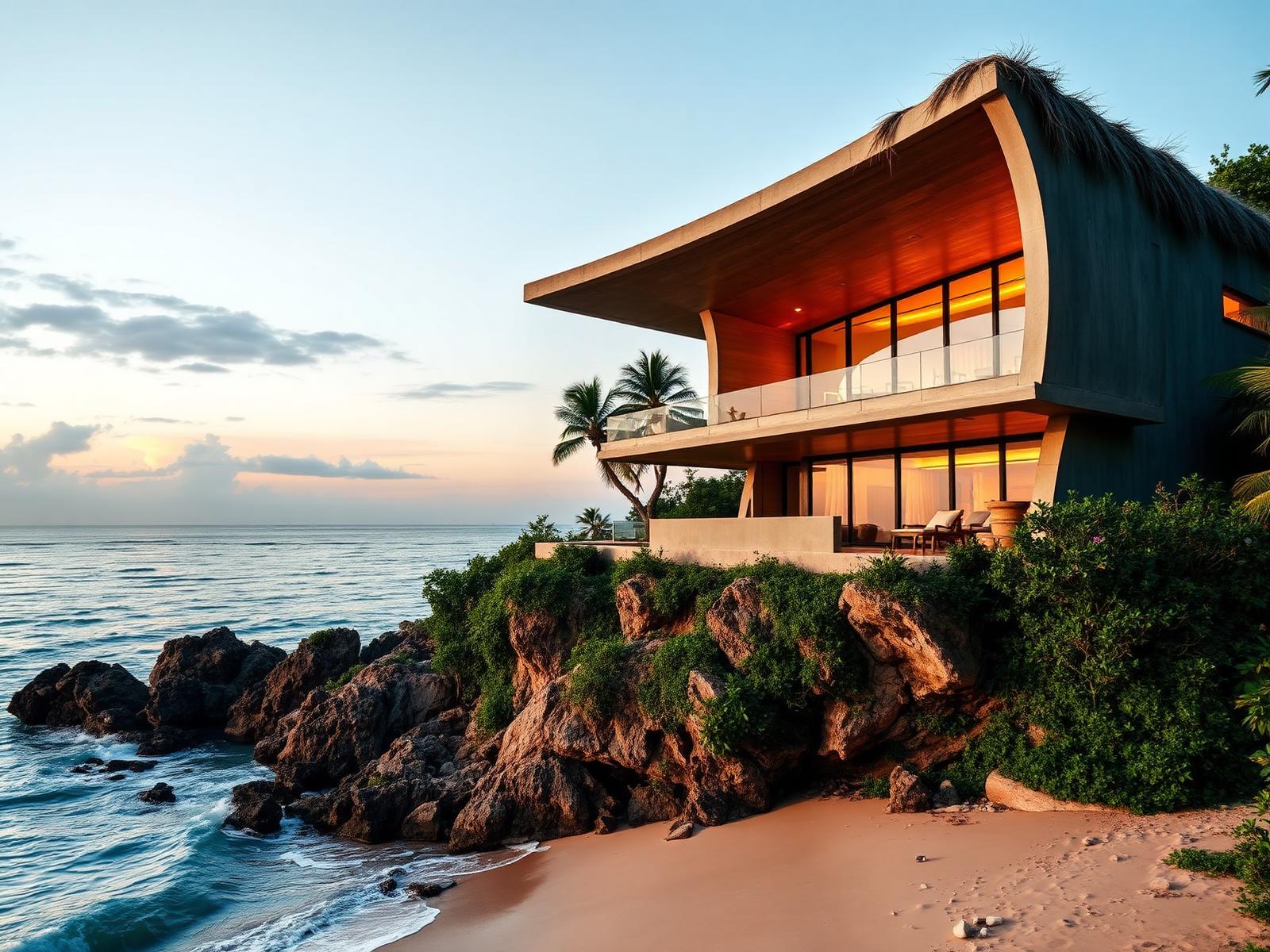 Sculptural concrete and thatch villa on a jungle headland above a wild Pacific beach at dusk