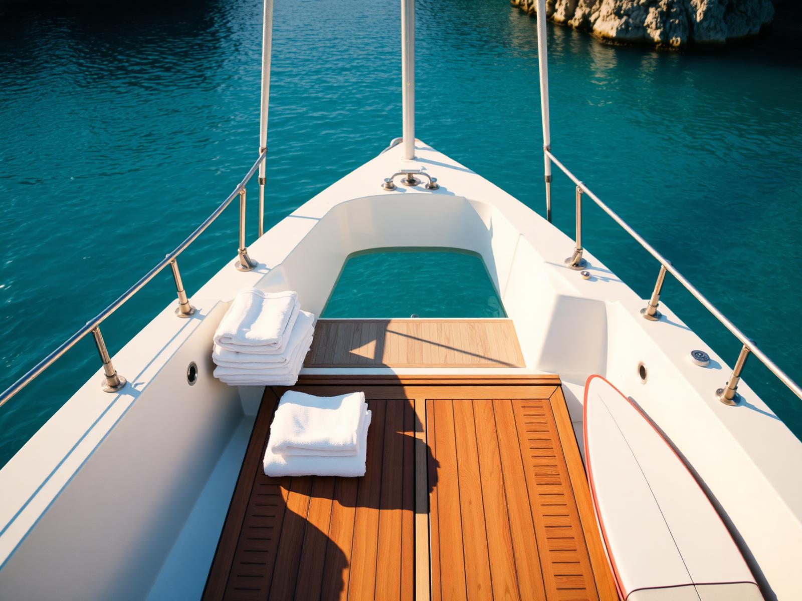 Teak swim platform folded out at the stern of a white yacht onto calm turquoise water with folded towels