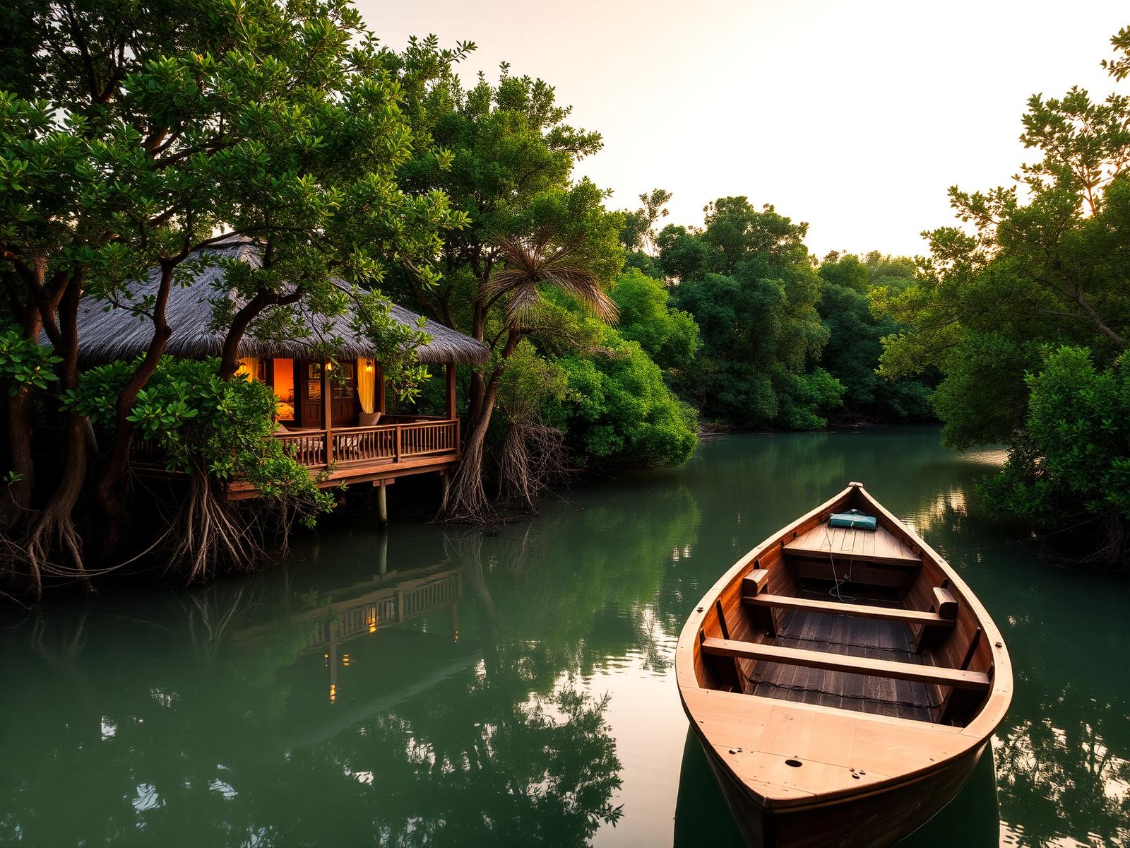 Lagoon-side villa among mangroves with a wooden boat on a still canal at golden hour