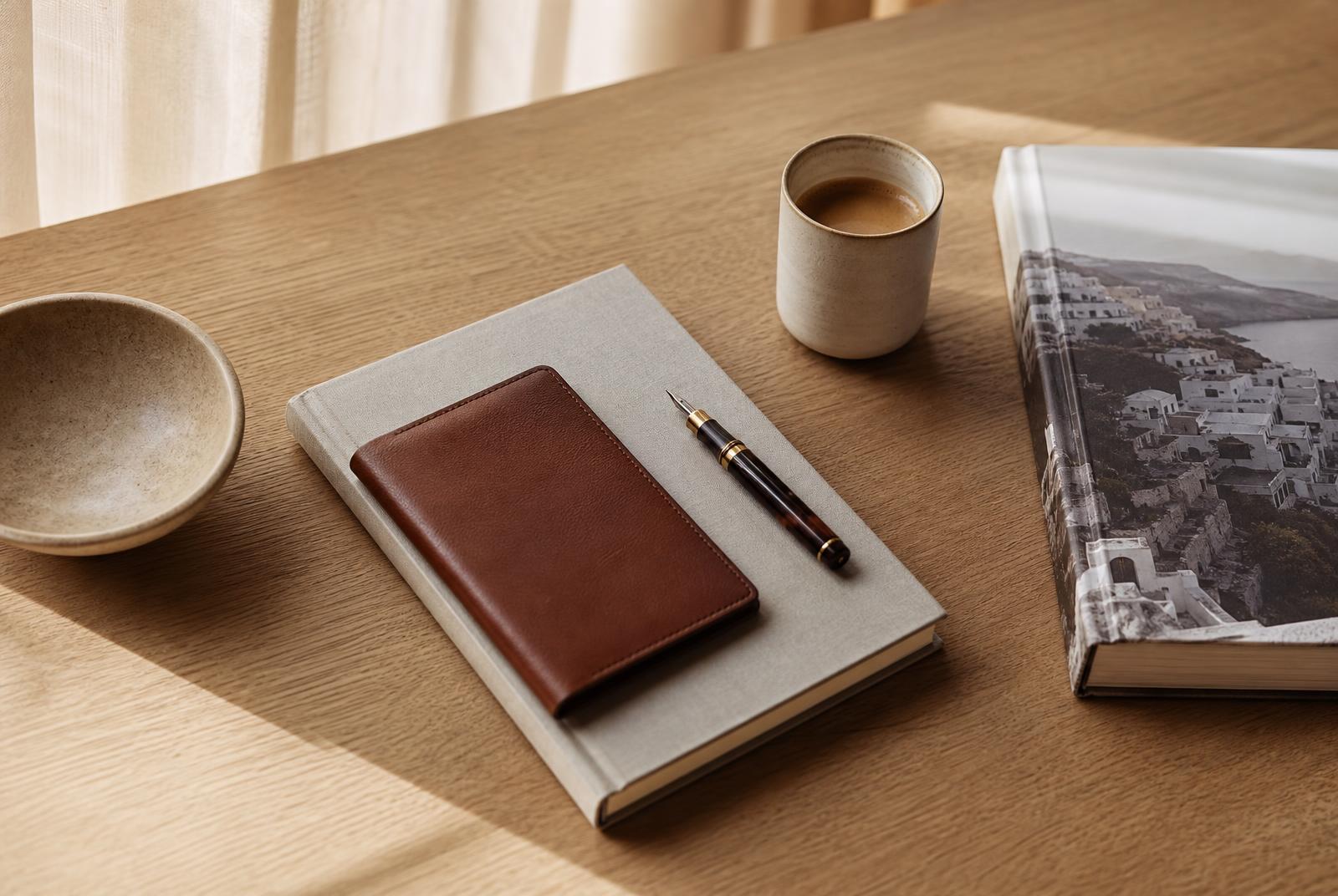 Schreibtisch mit Notizbuch, Karte und Füllfederhalter im Morgenlicht