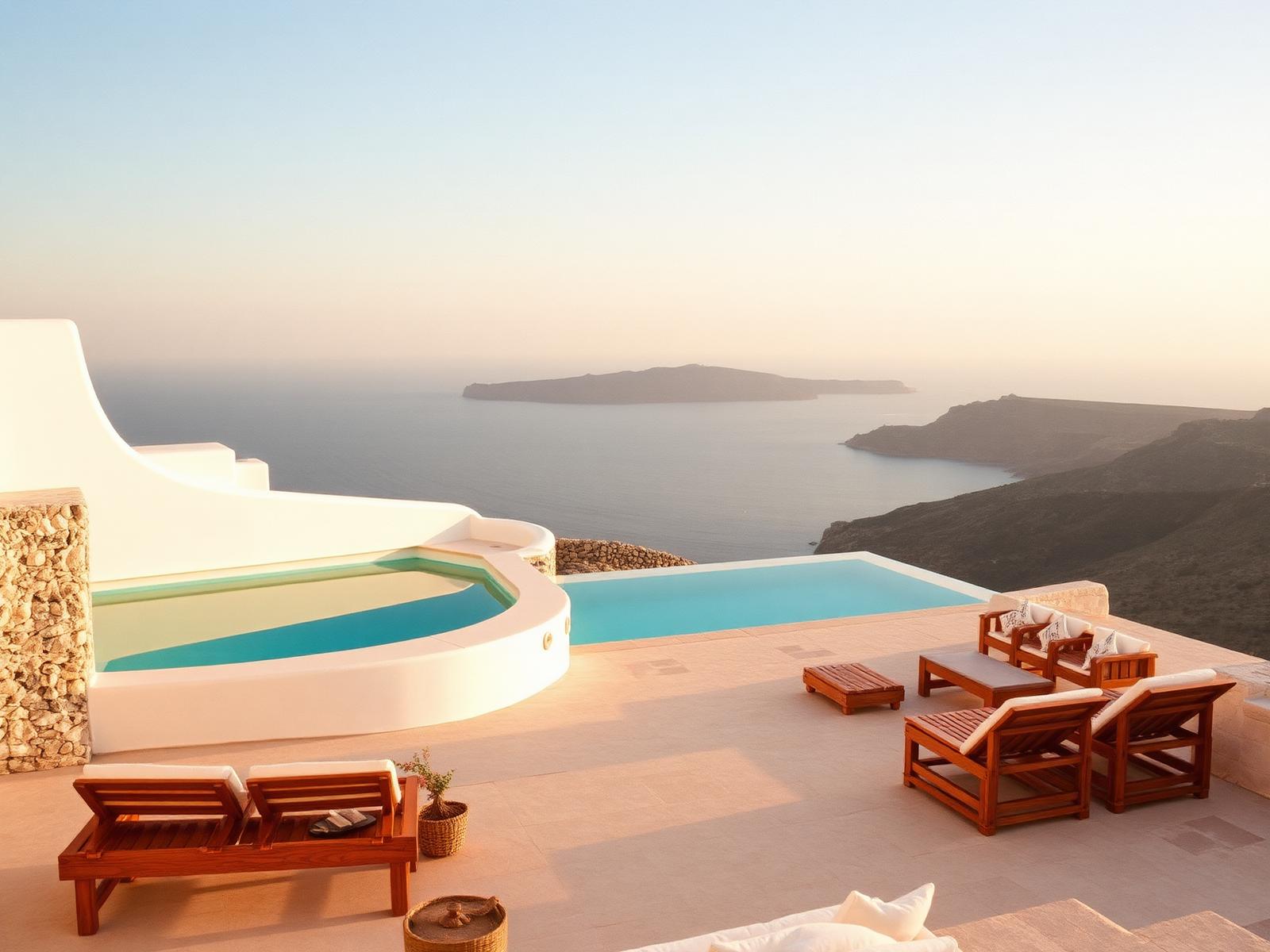 Kykladische Terrasse mit Pool über einer geschützten Bucht auf Mykonos im Abendlicht