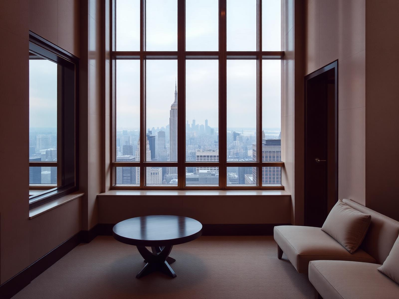 Hushed art-deco suite with bronze framed windows overlooking the Manhattan skyline in winter haze