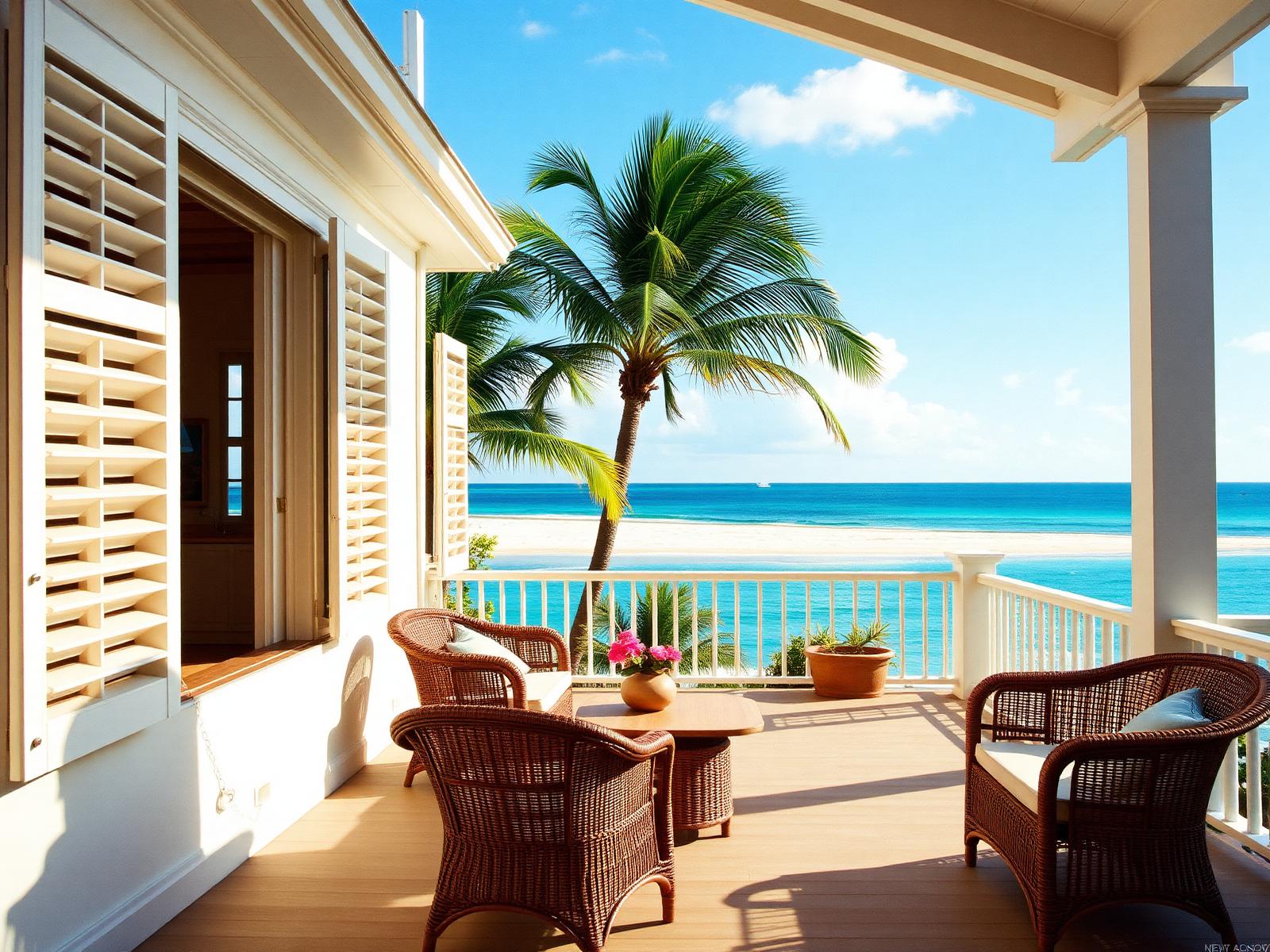 Terrasse einer karibischen Strandvilla mit weißen Fensterläden, Rattanmöbeln und türkisfarbener Bucht