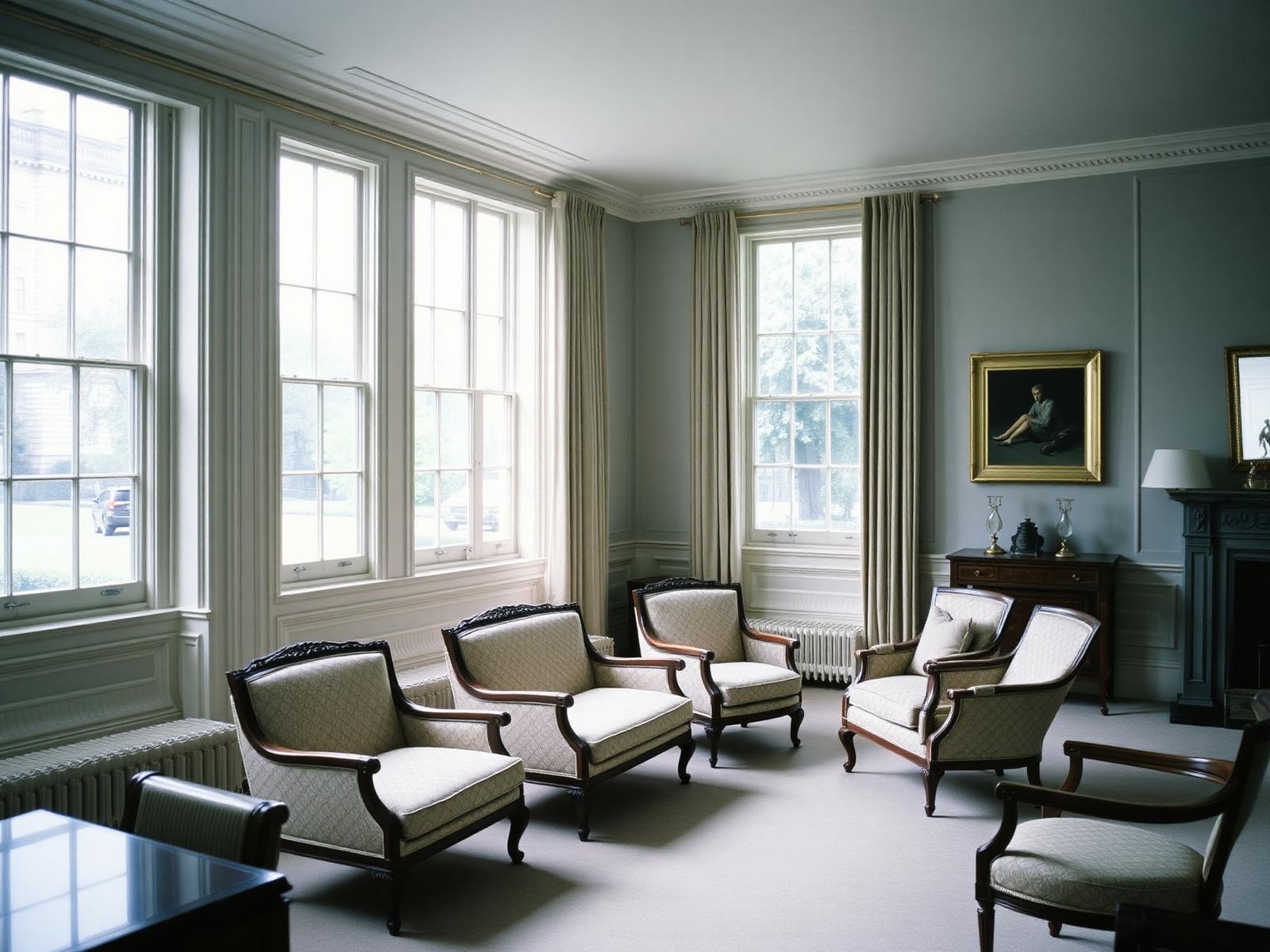 Heller Londoner Hotelsalon mit hohen Sprossenfenstern zum Park und antiken Sesseln