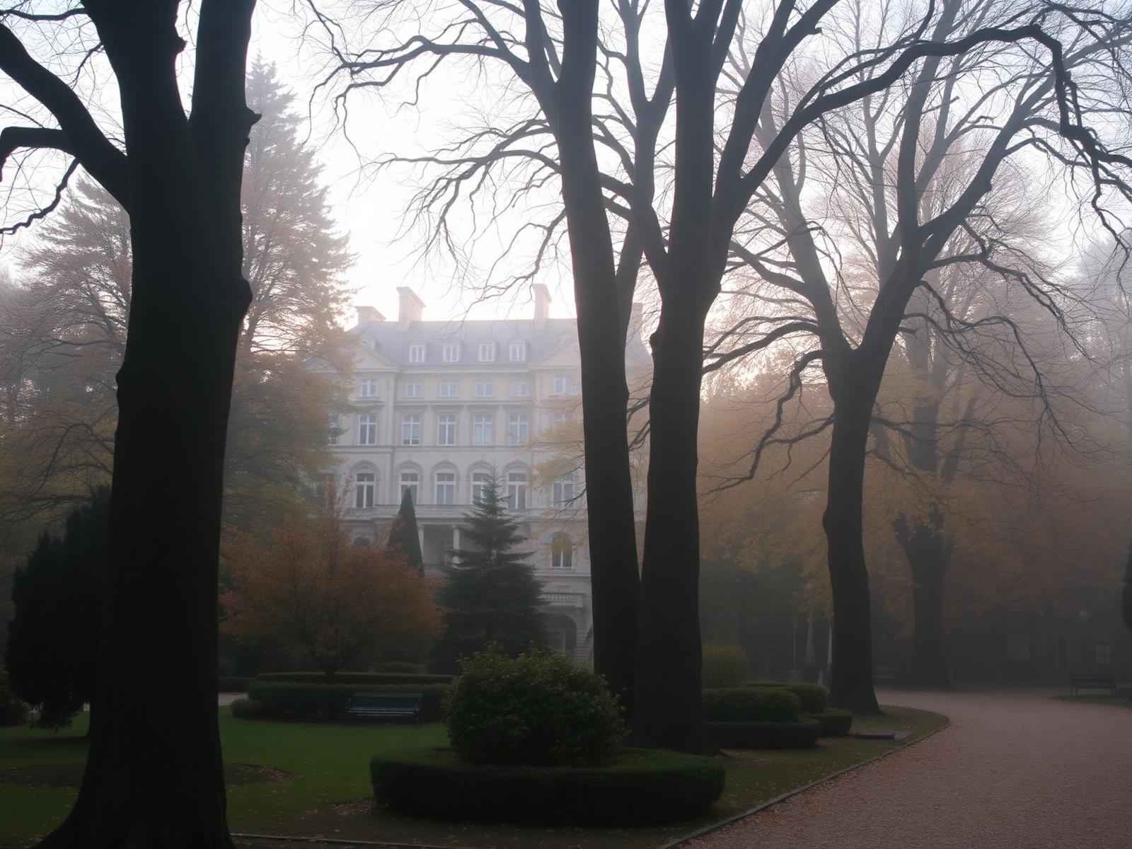 Kurpark in Baden-Baden mit alten Bäumen und der Belle-Époque-Fassade im Morgennebel