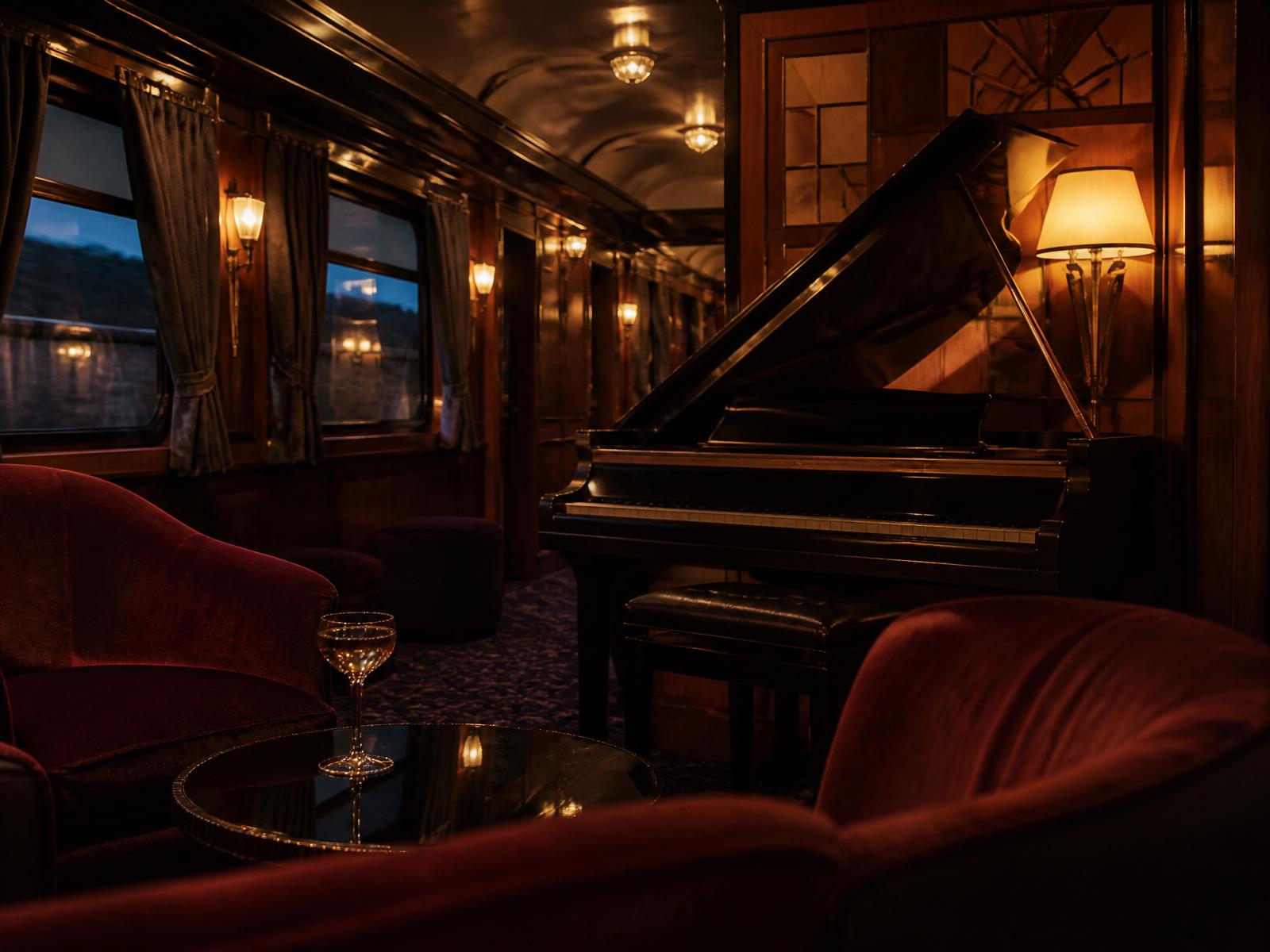 The bar car of a historic luxury train in the evening with a grand piano in lamplight, velvet armchairs, Art Deco panelling and a single crystal coupe on a small table