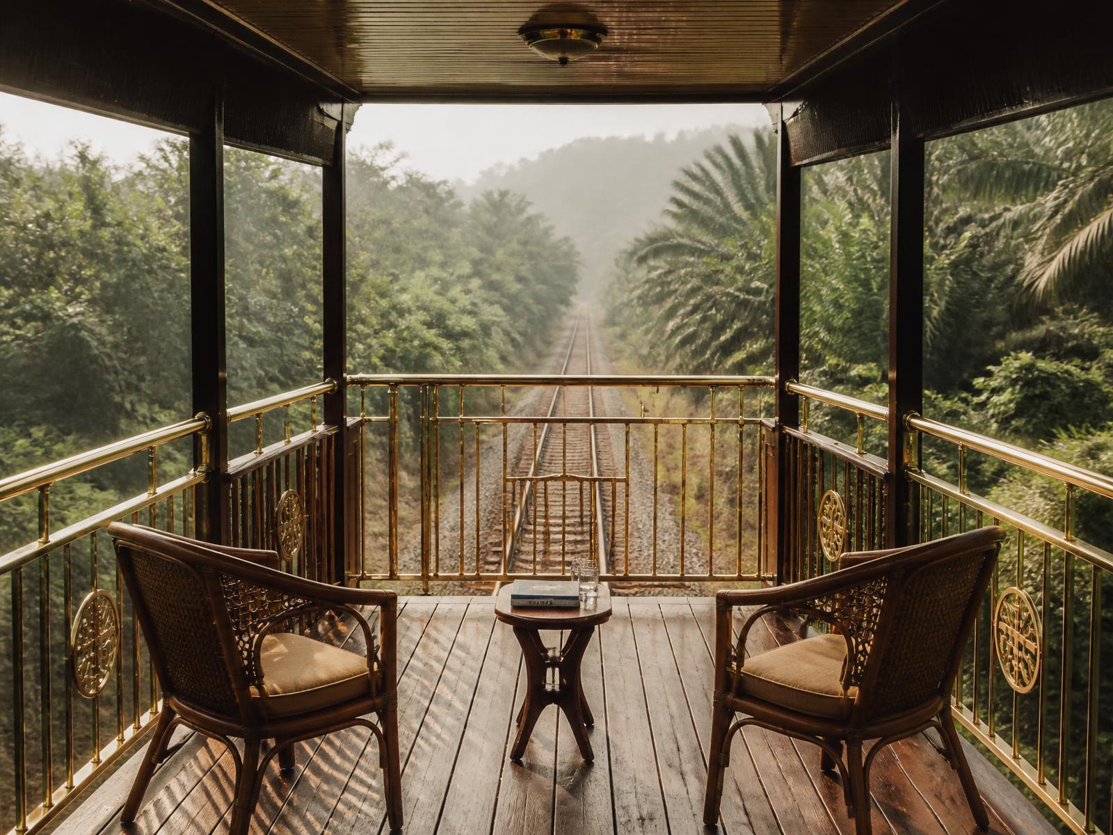 The open observation carriage at the rear of a colonial luxury train with teak decking, brass railings and rattan chairs, jungle and palm plantation receding along the track