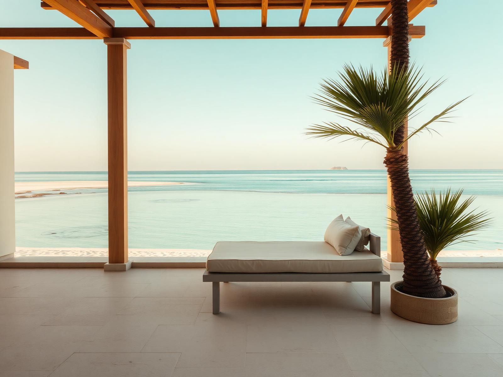Shaded terrace with a cream daybed and a single palm facing a pale lagoon