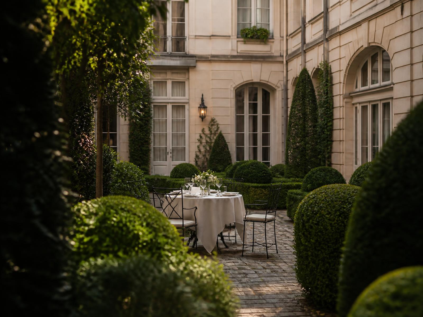 Elegant Parisian hotel courtyard garden with cream stone facade, clipped greenery and a single table set with white linen