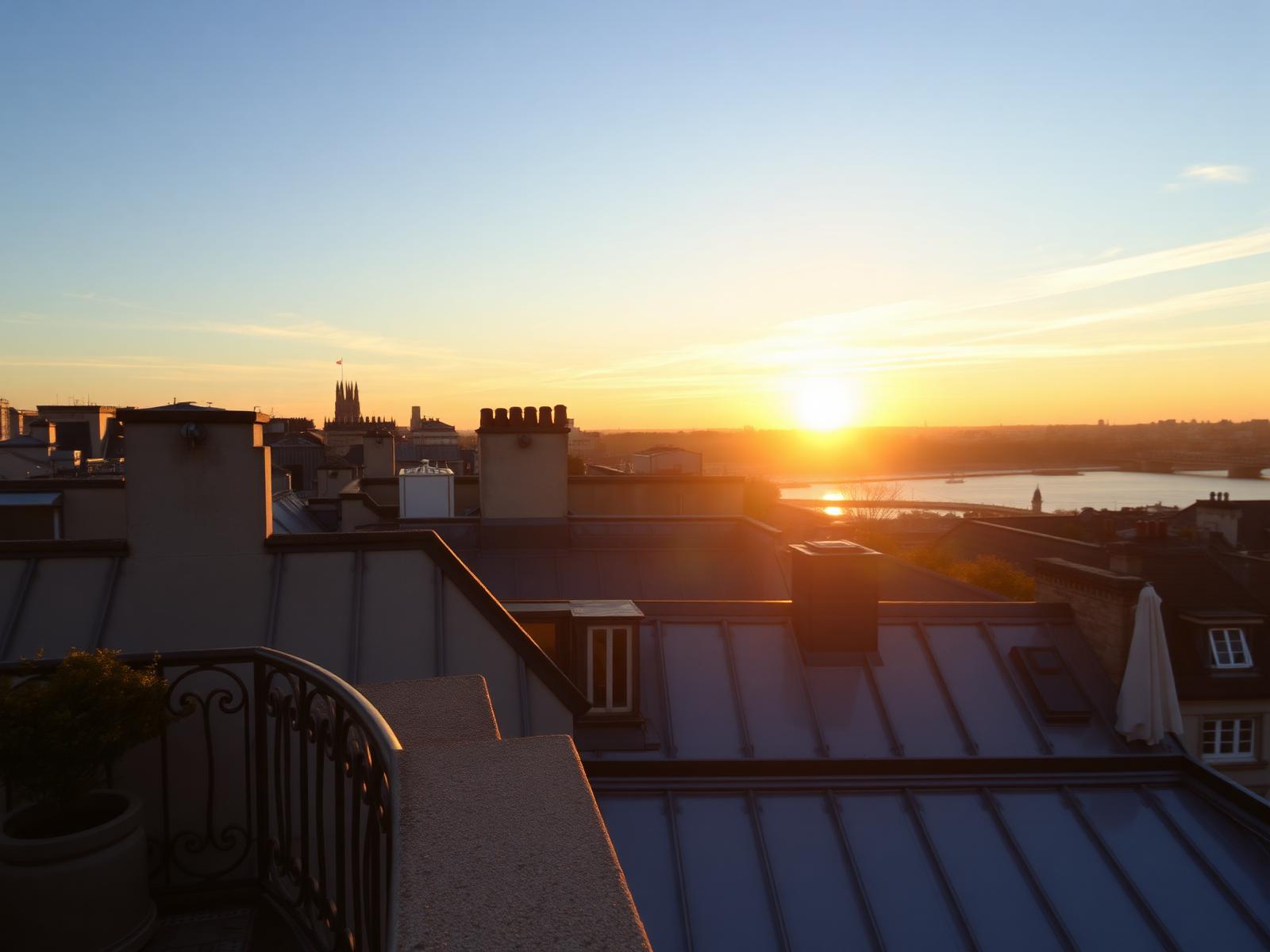 Parisian zinc rooftops and the Seine seen from a stone balcony with an iron railing at golden hour