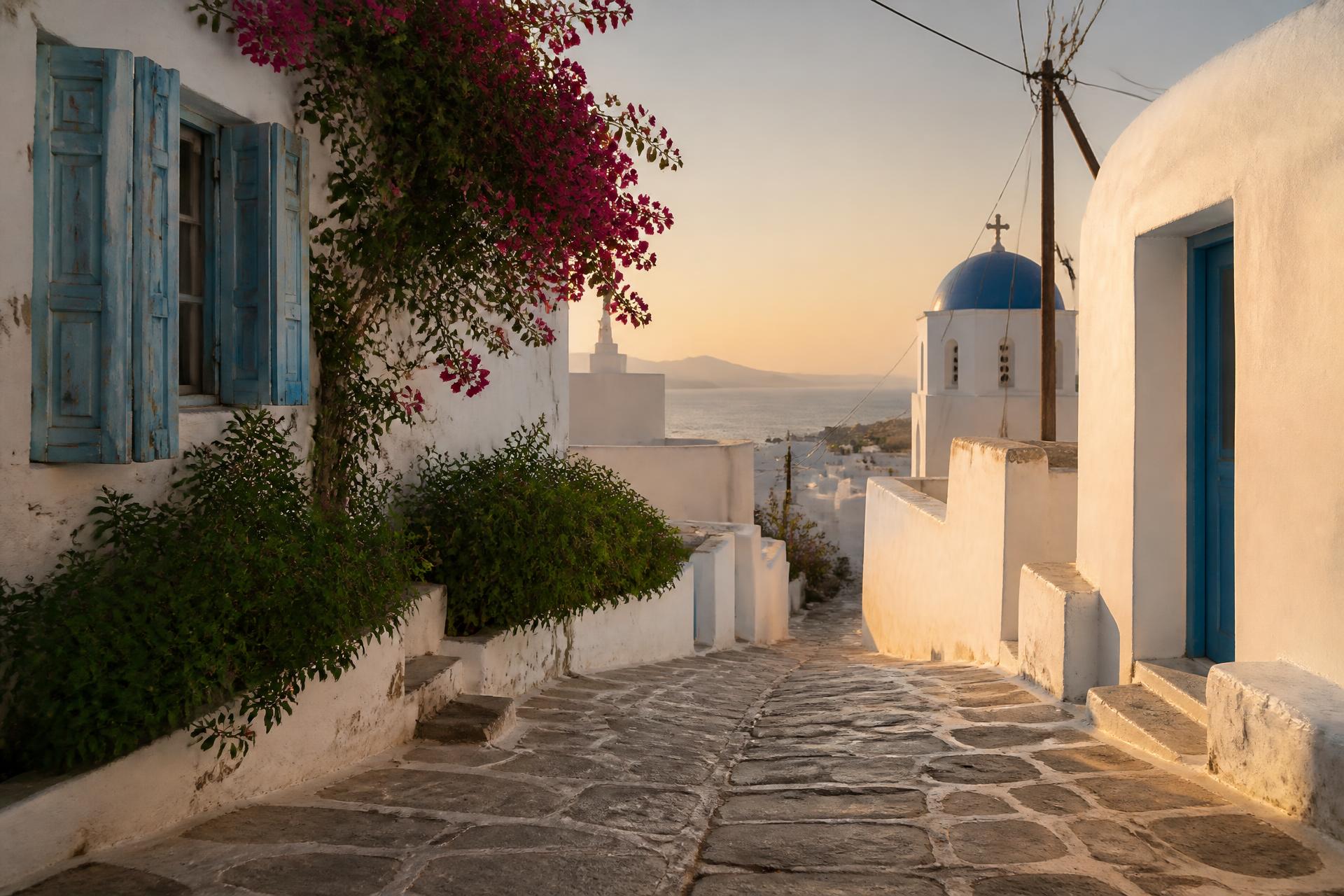 A whitewashed courtyard with bougainvillea on a Cycladic island in the afternoon
