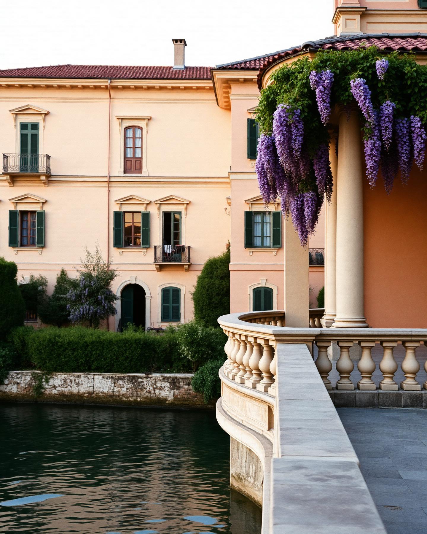 Villa aus dem 18. Jahrhundert über dem Comer See mit Glyzinien und Steinbalustrade