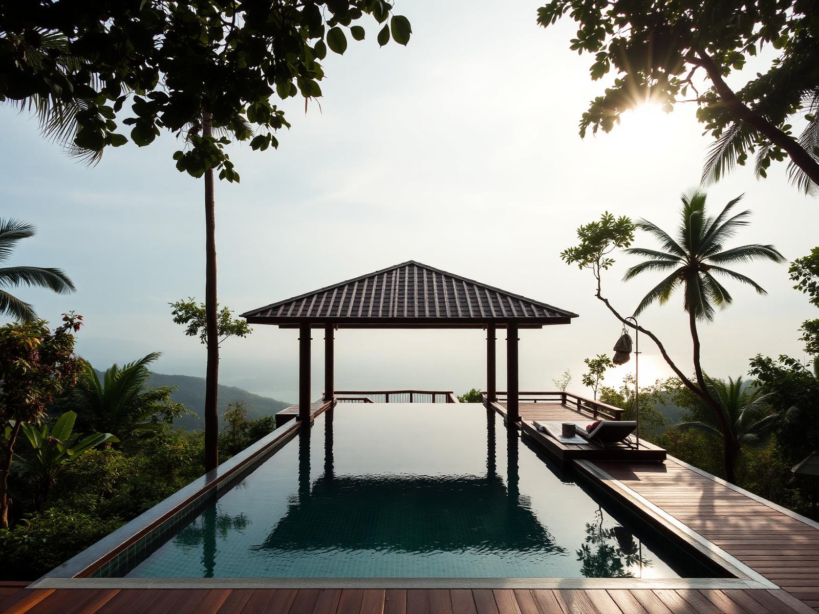 Hillside villa pool and Thai timber pavilion above the Andaman Sea in morning haze