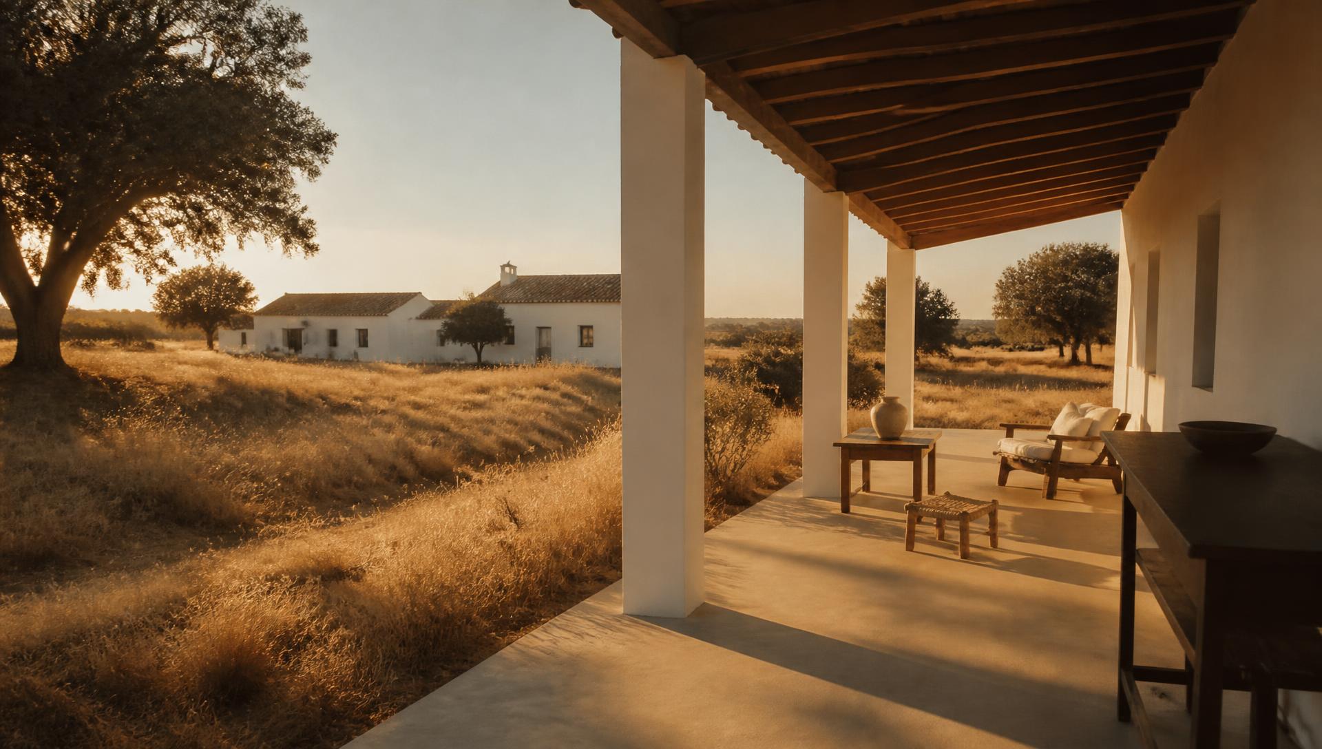 Open Alentejo landscape with cork oaks in evening light