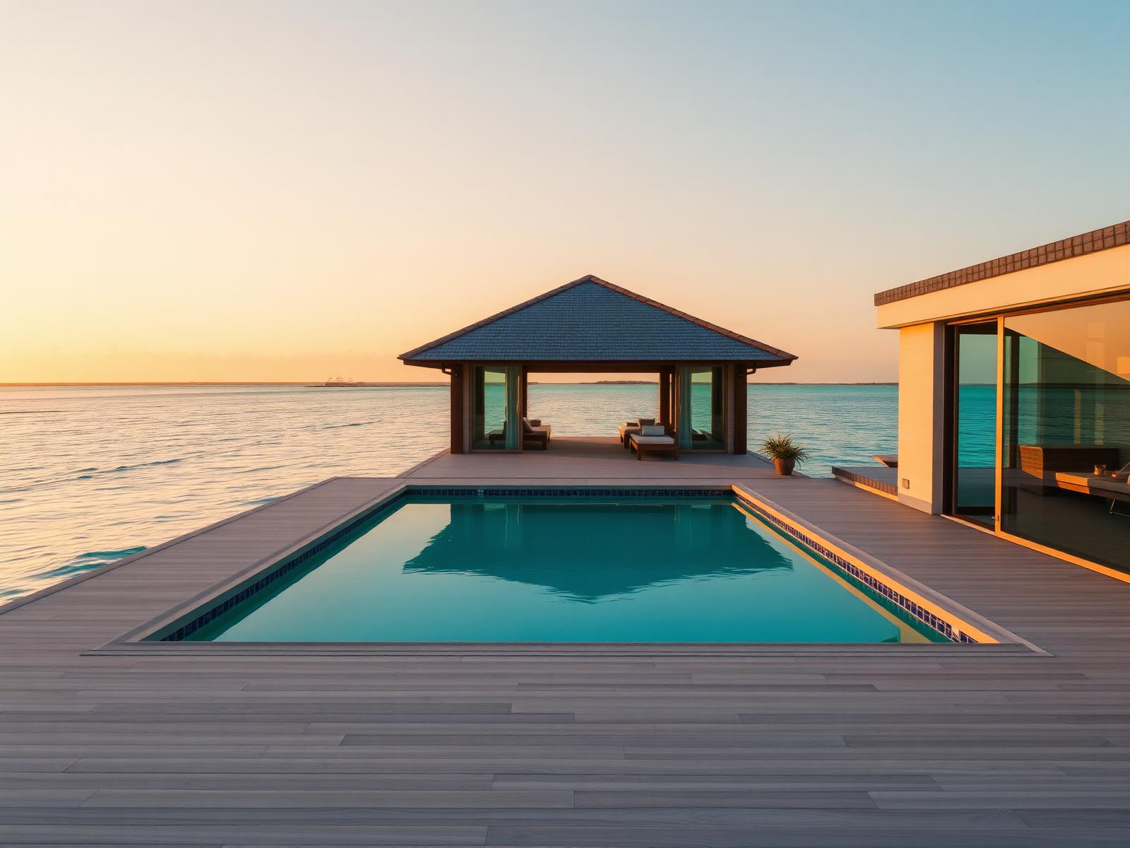 Pale timber deck and private pool of a Maldivian island villa facing a turquoise lagoon at golden hour