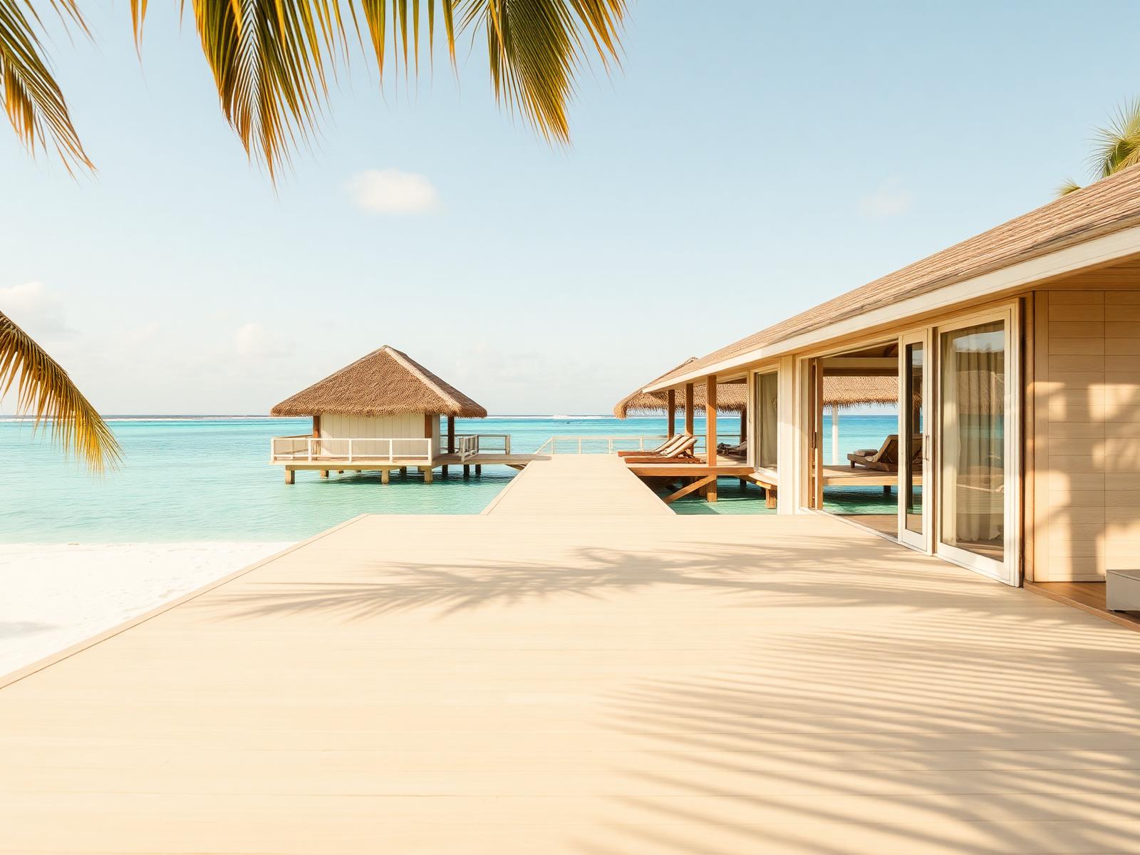 Pale timber deck of a Maldivian beach villa with palm shadows and a turquoise lagoon beyond