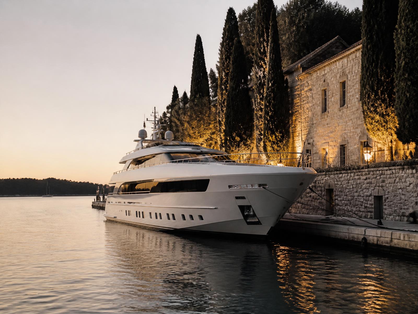 White superyacht moored beside a stone quay and cypress trees in a Mediterranean harbour at dusk